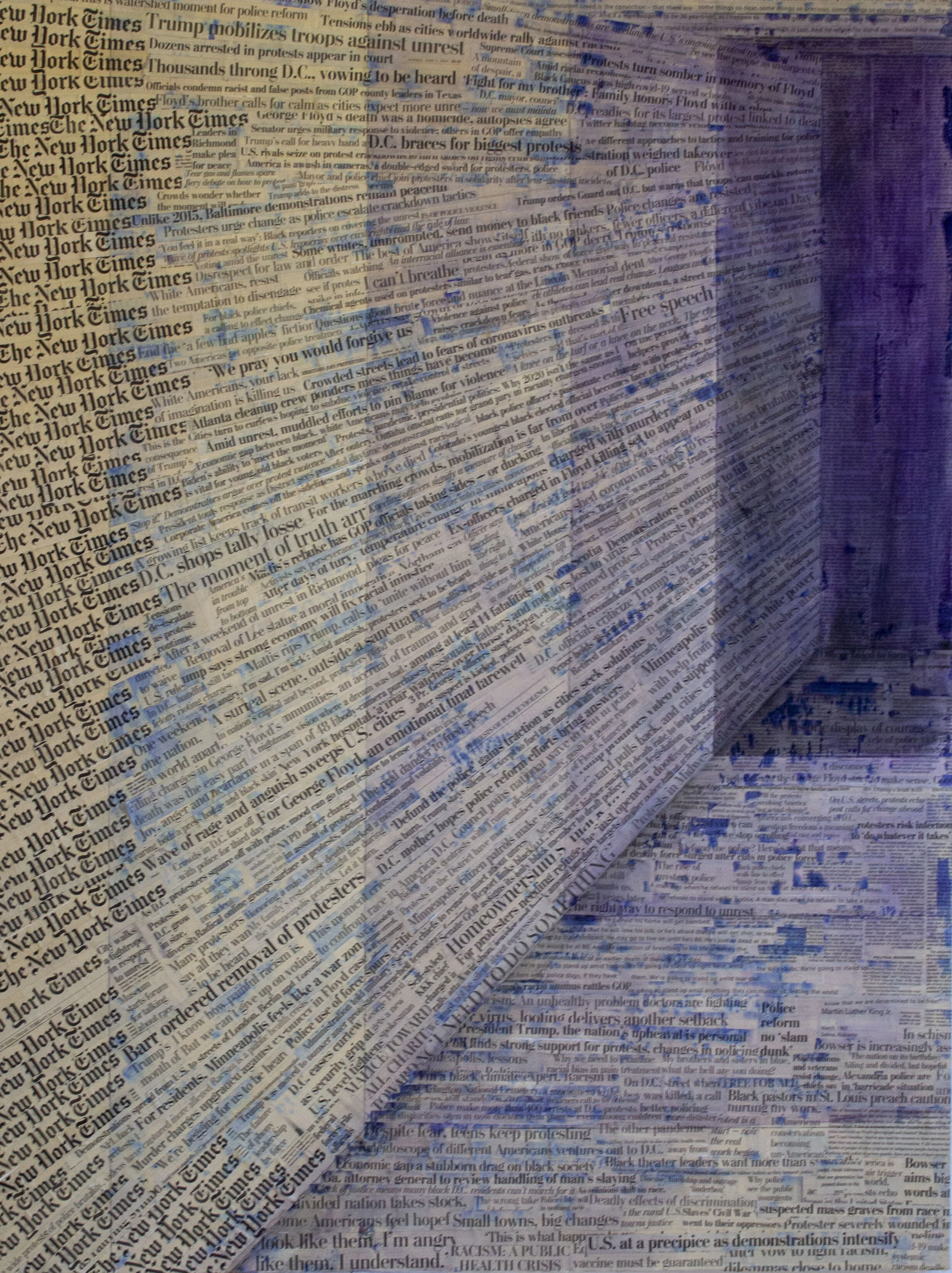 A wall covered with overlapping layers of newspaper clippings, with some large letters spelling 'Texas' and 'USA' in blue. The newspapers mainly feature headlines about protests, Trump, and political issues.