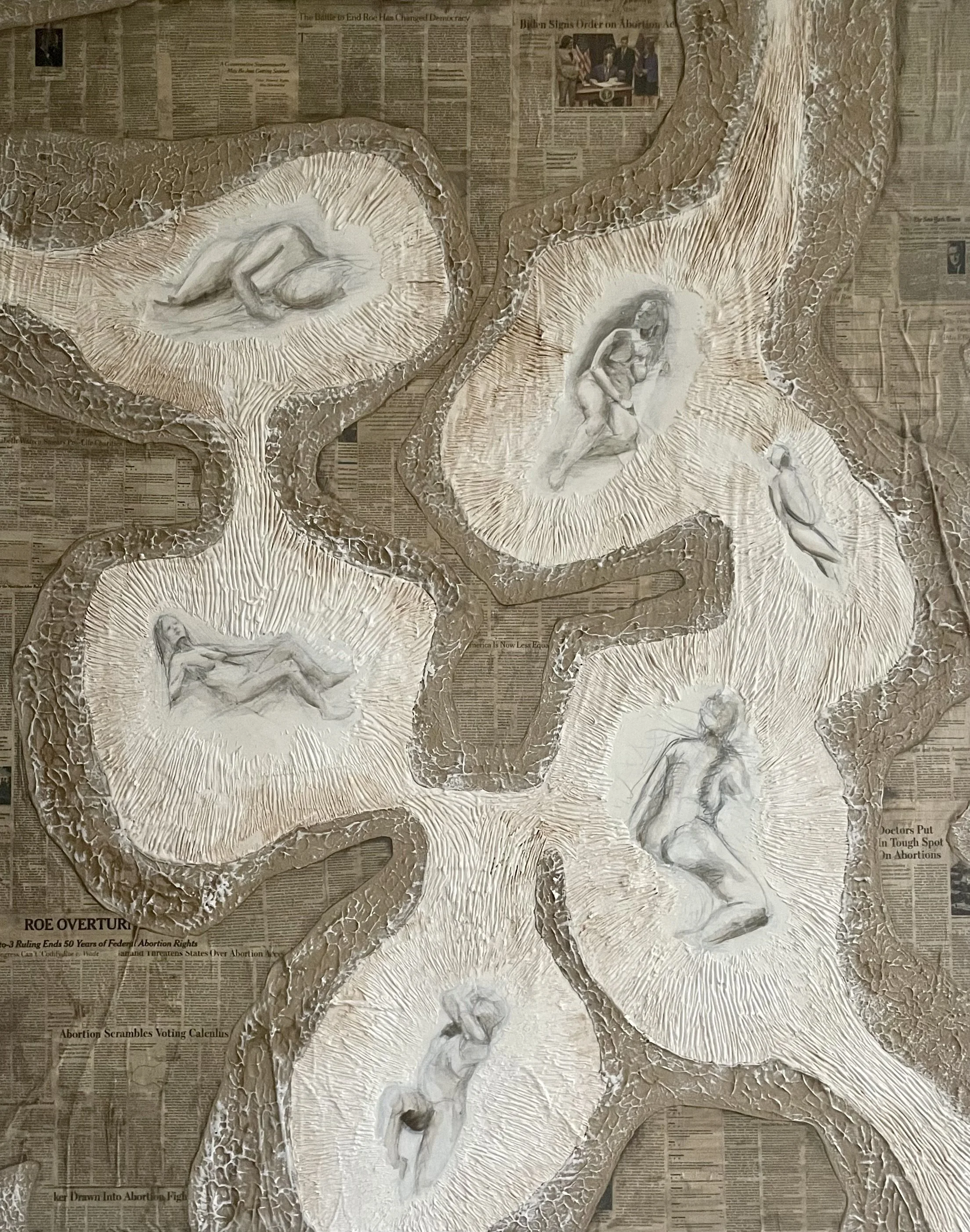 Mixed media artwork with multiple cutouts of female nude figures on paper with a newspaper background.