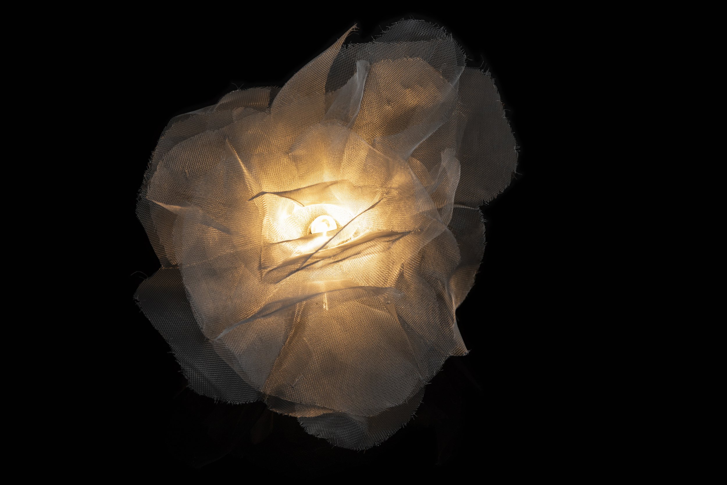 A glowing, intricate light fixture resembling a rose, set against a black background.
