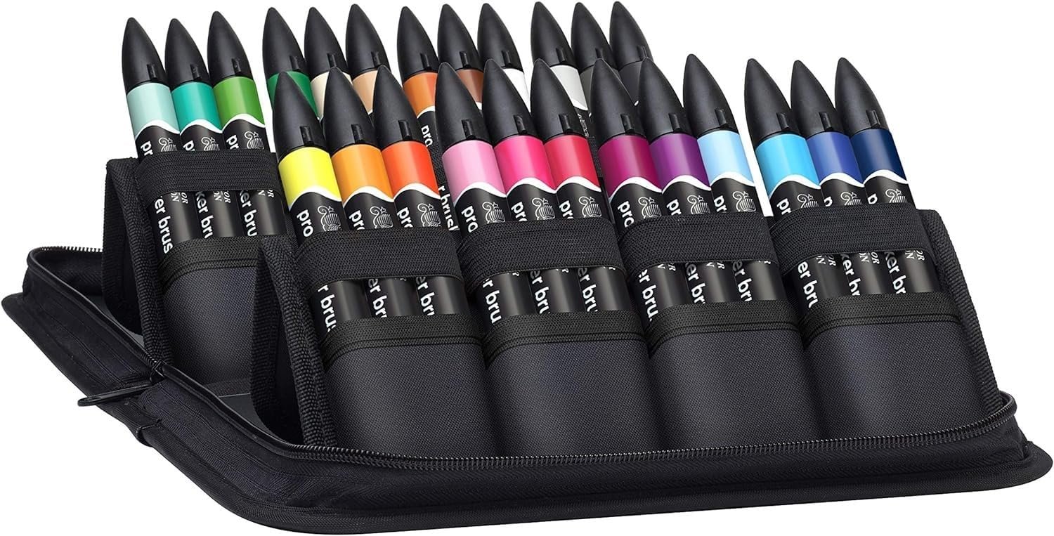 Set of 24 colorful markers with black caps, stored in a black carrying case.