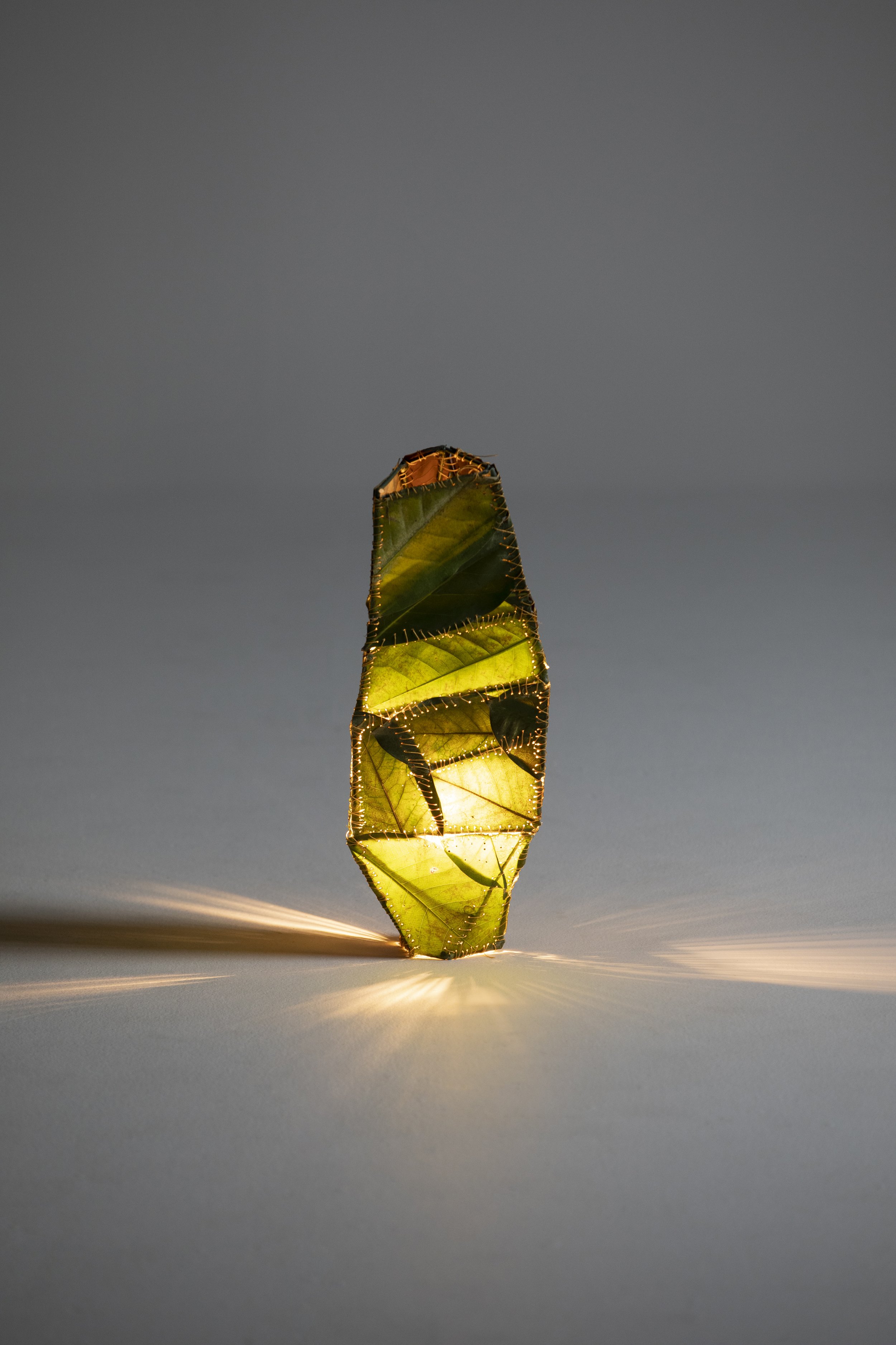 A piece of green leaf carved into a geometric shape, illuminated from below, creating a glowing effect and casting a subtle shadow on the surface.
