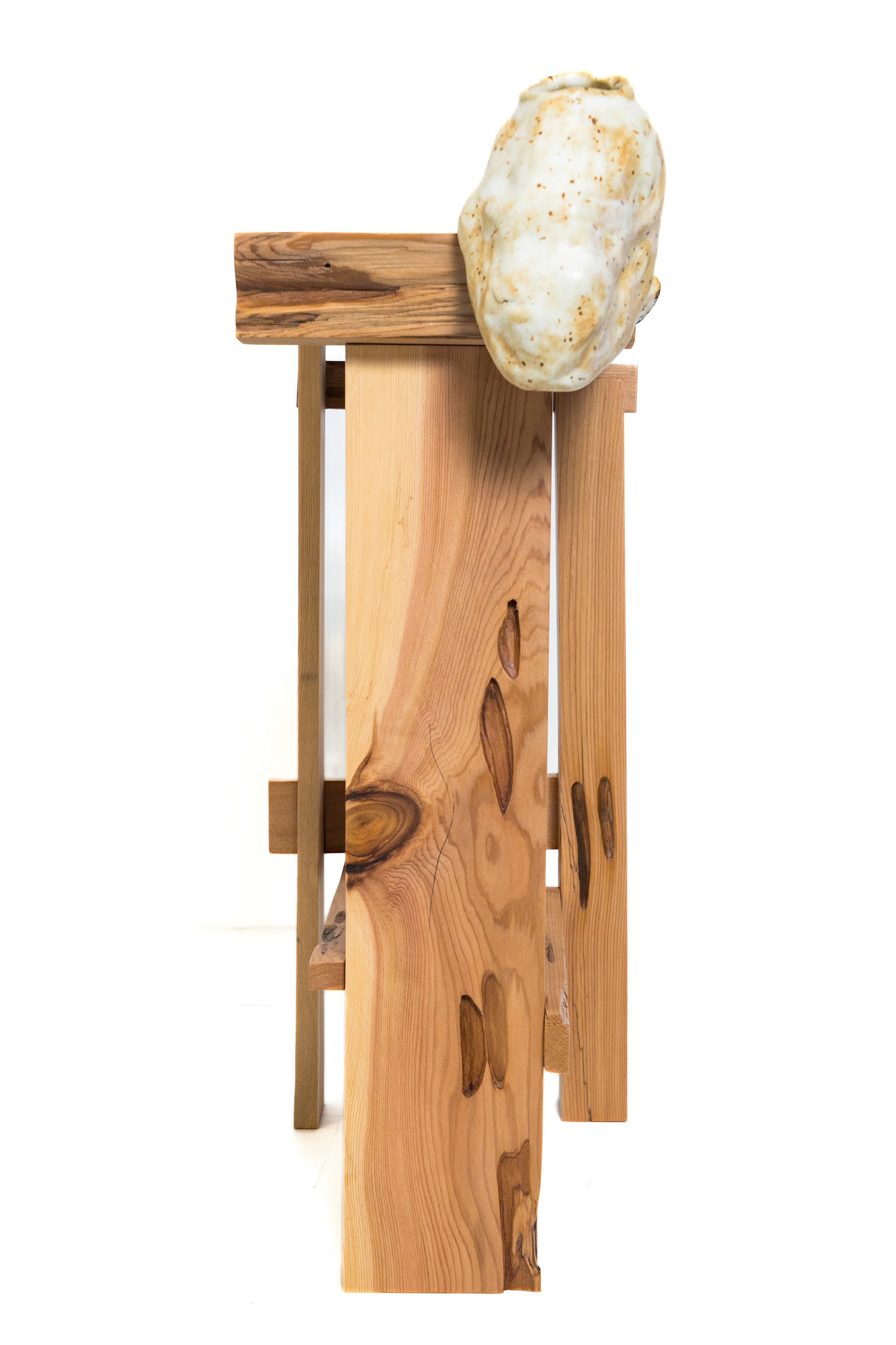 A table made out of recycled wood and ceramic. Professor CoCo Ree Lemery will be showing her new fully recycled furniture collection at Wanted Design and ICFF as well as Collectible Design in Brussels in 2024.