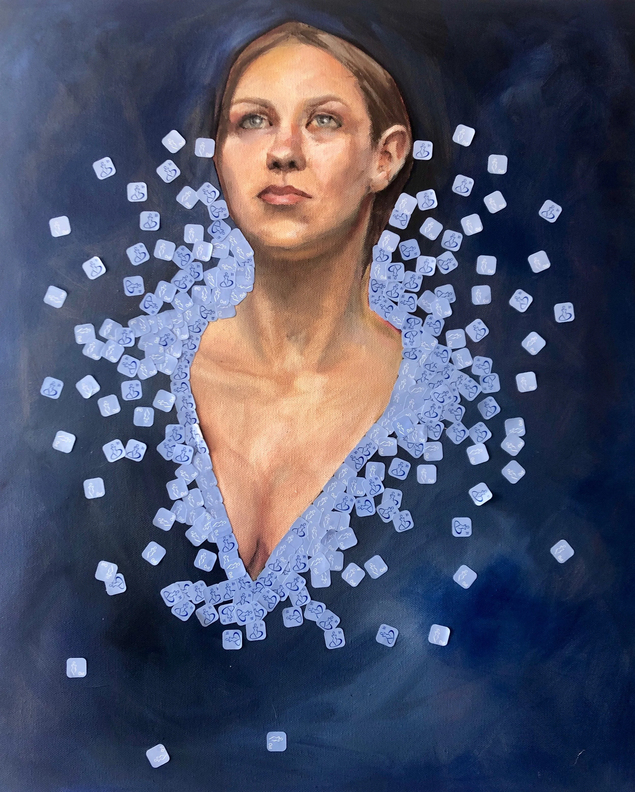 A painting of a woman with short brown hair and blue eyes, with small blue emoji stickers scattered around and on her chest area.
