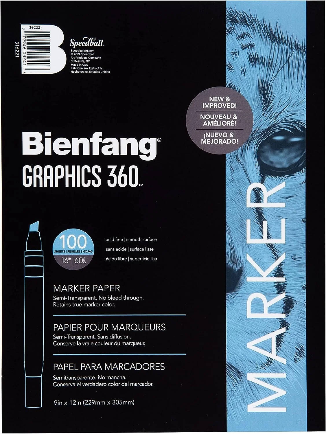 Black and blue package of Bienfang Graphics 360 marker paper featuring a close-up of bird feathers with a label indicating 100 semi-transparent sheets, 16 inches by 12 inches, acid-free, smooth surface.