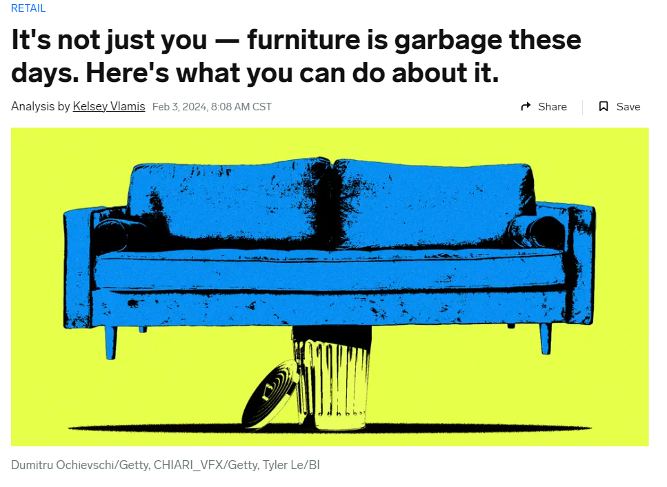 A blue sofa placed above a trash can and a vacuum cleaner, illustrating furniture being discarded as garbage.