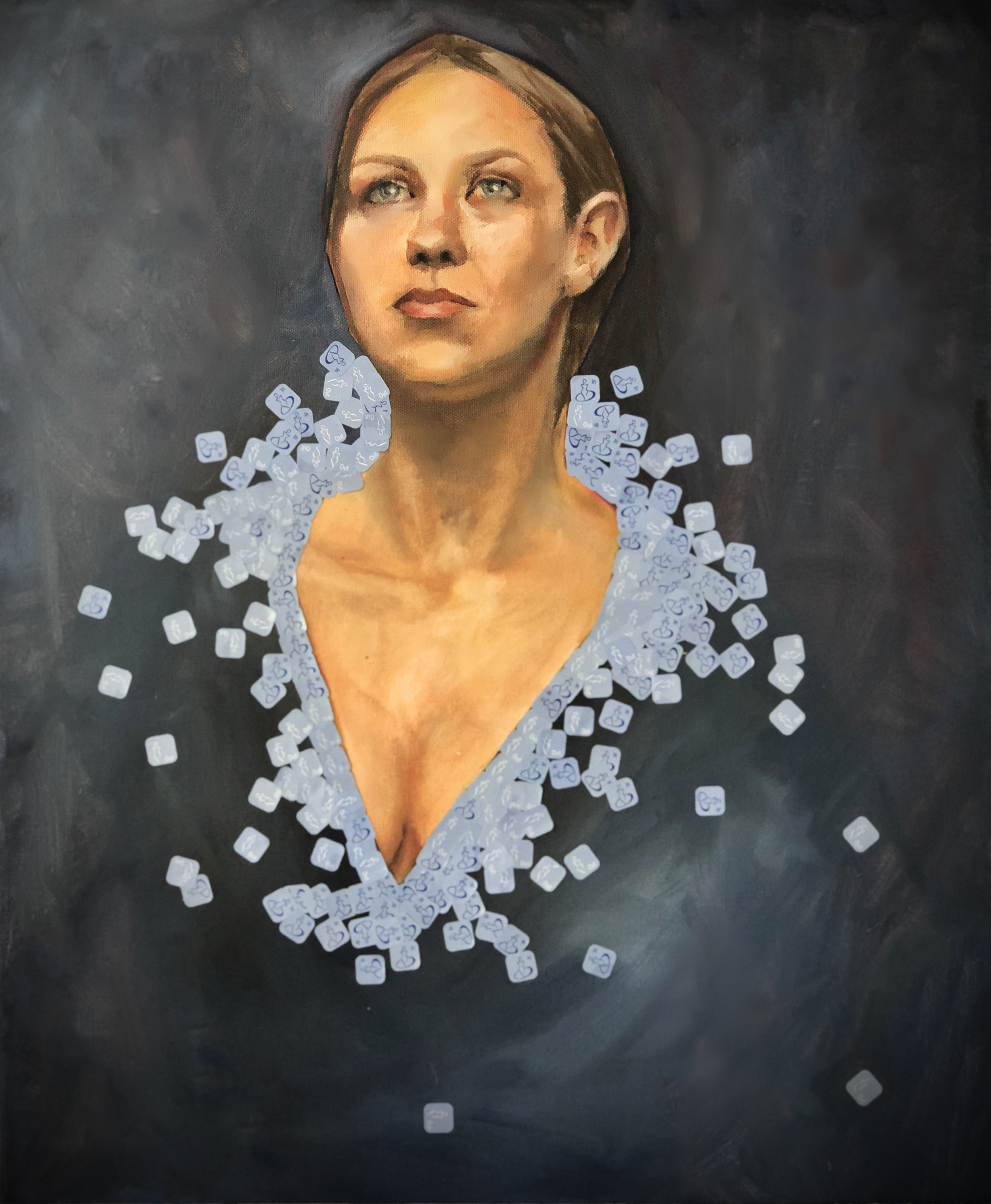 A painting of a woman with blue eyes and brown hair, with virtual Facebook Like icons floating around her shoulders and chest.