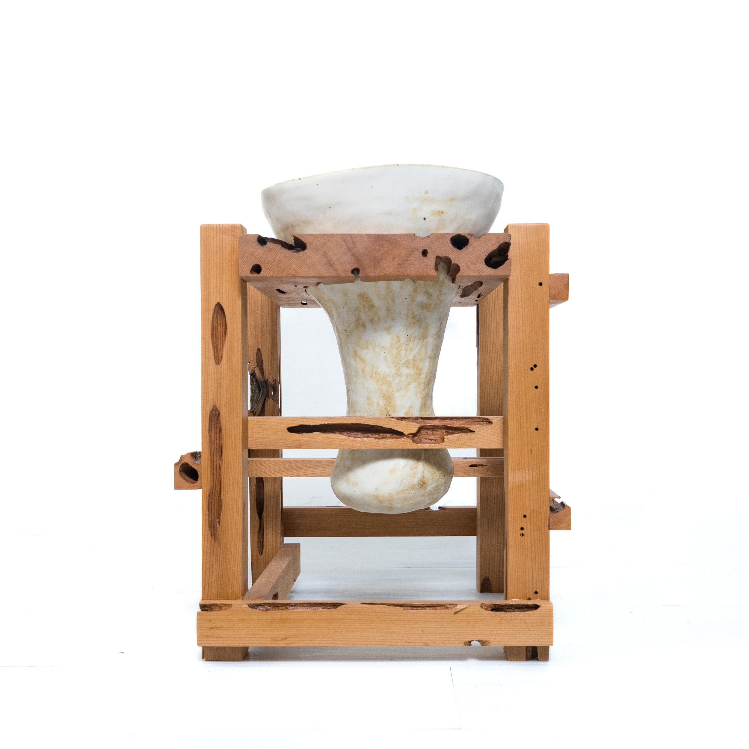 A table made out of recycled wood and ceramic. Professor CoCo Ree Lemery will be showing her new fully recycled furniture collection at Wanted Design and ICFF as well as Collectible Design in Brussels in 2024.