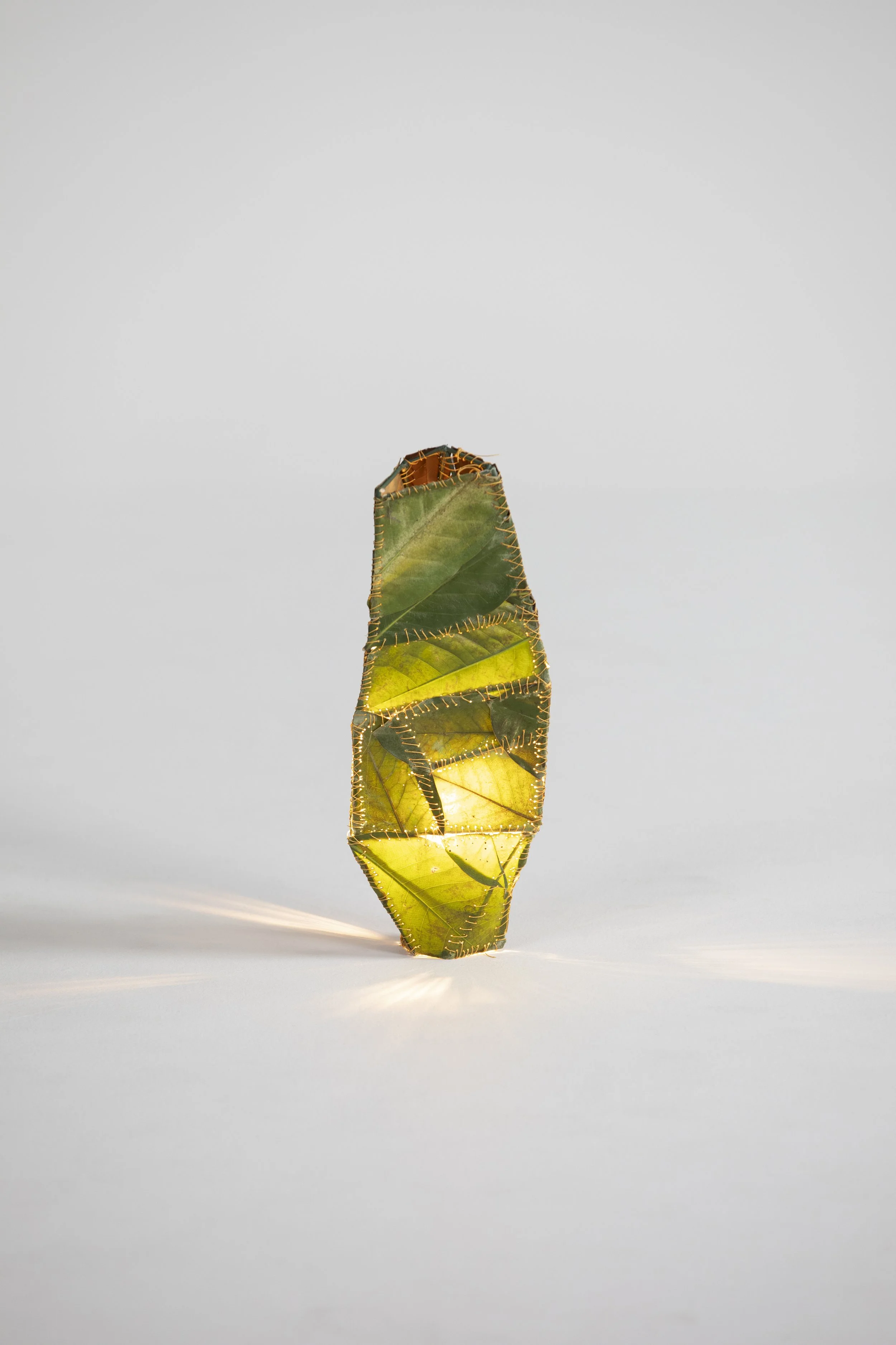 Art sculpture made from layered green leaves and illuminated from within, standing upright on a light surface.