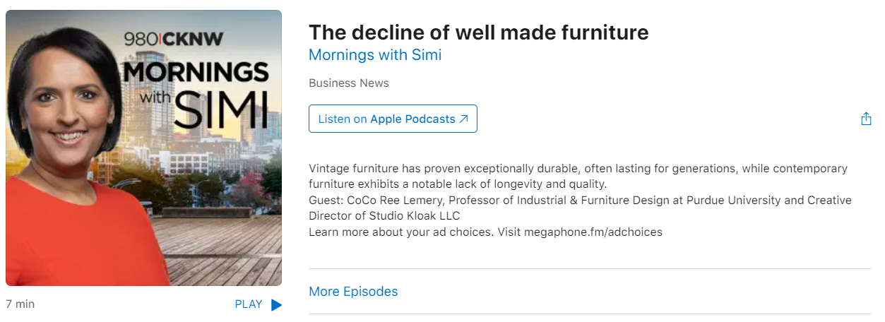 Podcast cover image showing a woman with short black hair wearing a red top, smiling with a cityscape in the background. The title mentions 'The decline of well made furniture' and the show is called 'Mornings with Simi'.