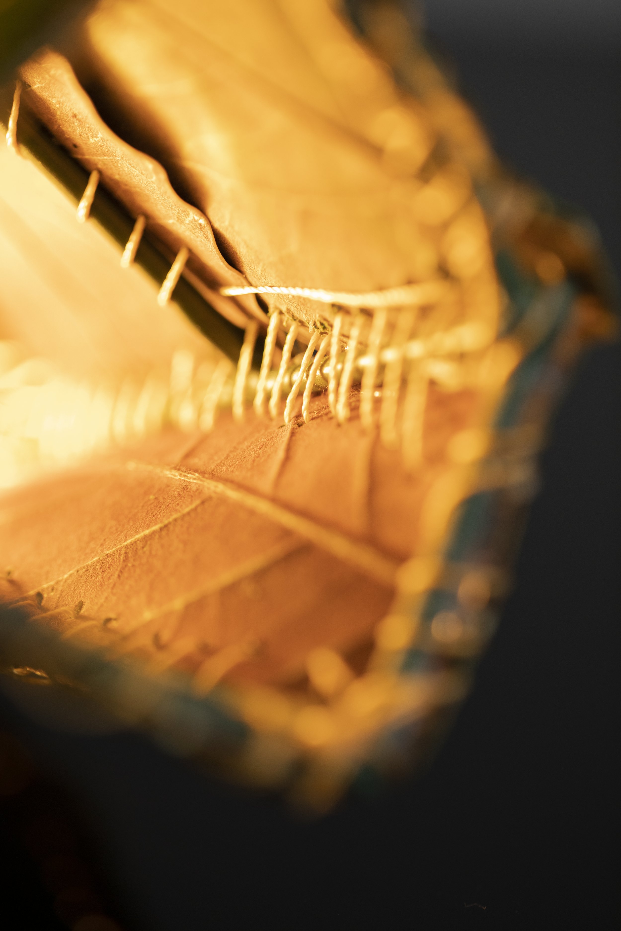 Close-up of a baseball glove with visible stitches and leather texture, illuminated with warm lighting.