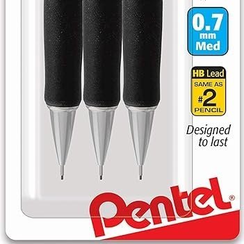 Package of Pentel mechanical pencils with three black barrels and silver tips, labeled for 0.7mm medium lead, designed to last.