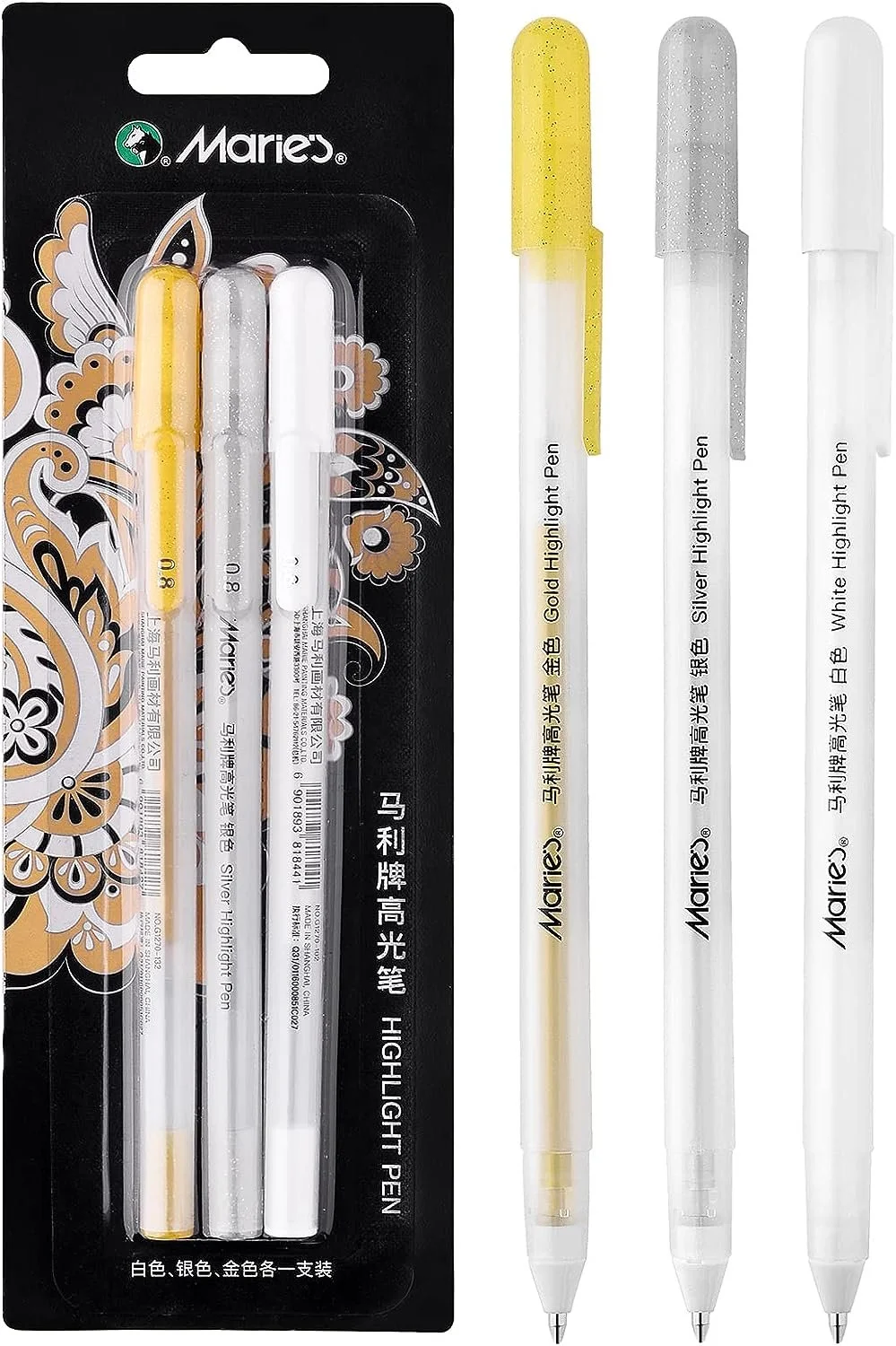Three highlighter pens, in yellow, silver, and white, with packaging displaying Chinese characters and English labels. The packaging is black with decorative gold and white floral patterns.