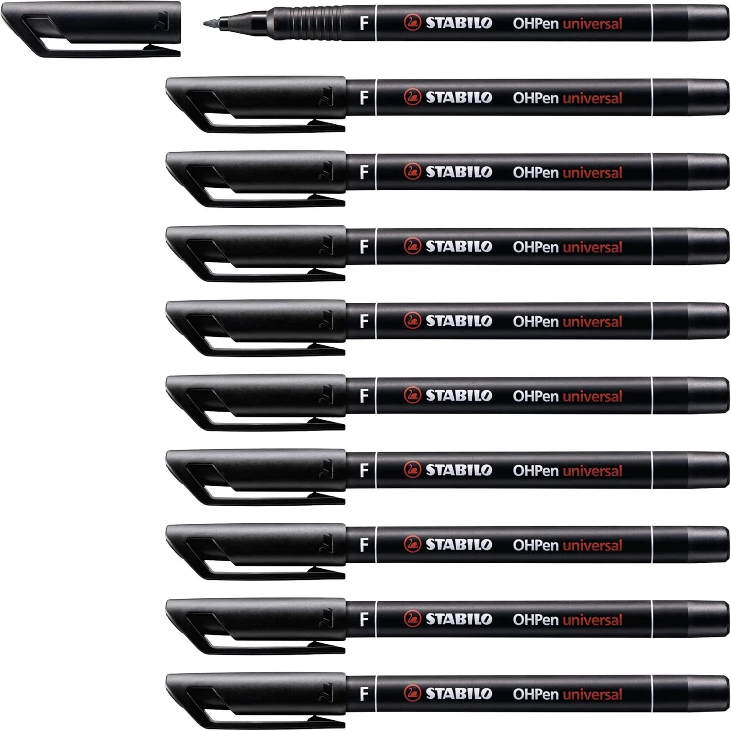 A row of nine black Stabilo highlighters with attached caps, aligned horizontally, with labels showing the brand name, model, and the words 'universal' and 'F'.
