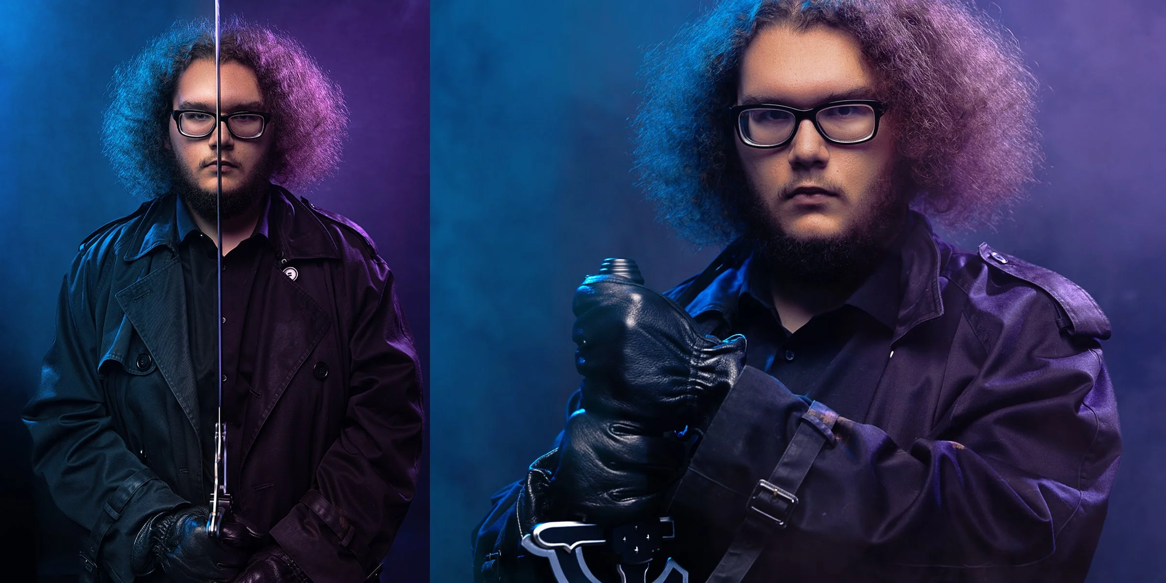 A creative in-studio portrait of a senior guy in cosplay with a sword, smoke and colored lights by The Photician