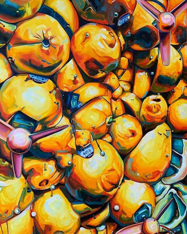 my citrus babies are finally done 🍋😭 These paintings are part of a multimedia project that combines electronic components with organic living materials ✨✨✨stay tuned for some related sculpture and video work coming soon!! Oil on canvas 
6ft by 4ft 