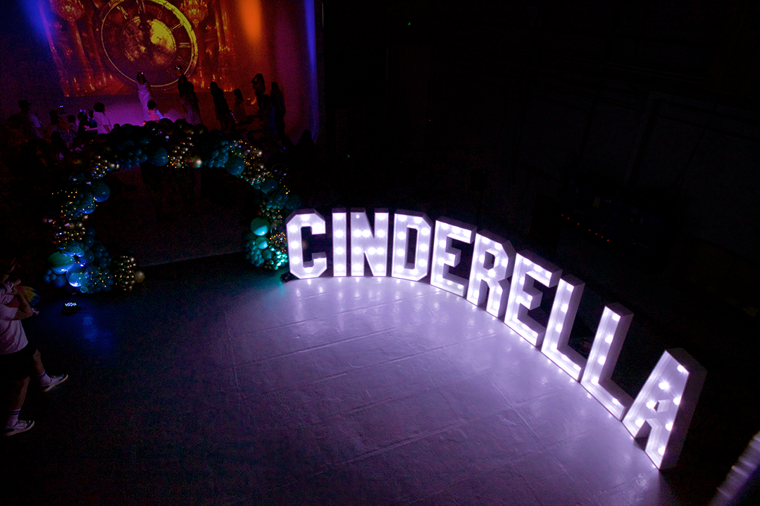 Decorative event space with large illuminated