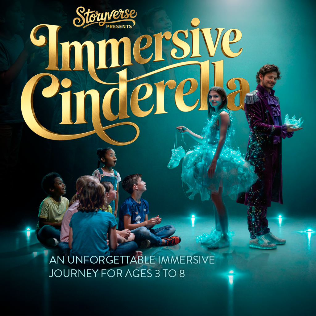 Children watching a performance of Cinderella at Storyverse Immersive Cinderella event, with a girl dressed as Cinderella and a man dressed as a prince, both holding props, against a teal background filled with children and glowing lights.