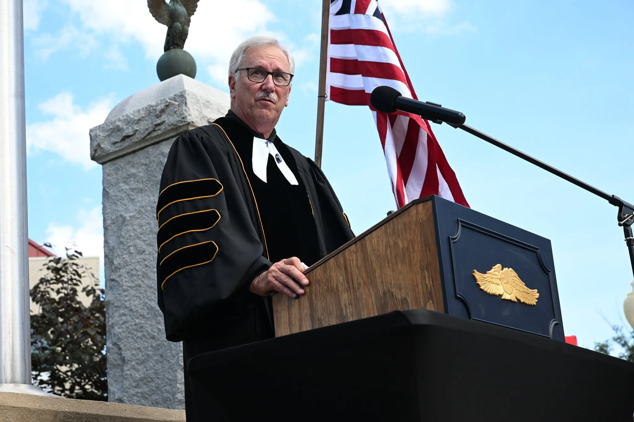 Pastor Greg Morrow reads the Declaration of Independence in front of the Grand Union flag on Monday, July 8, 2026, at Cole County Courthouse in Jefferson City, Missouri. Morrow is the Executive Director of the Future Leadership Foundation.