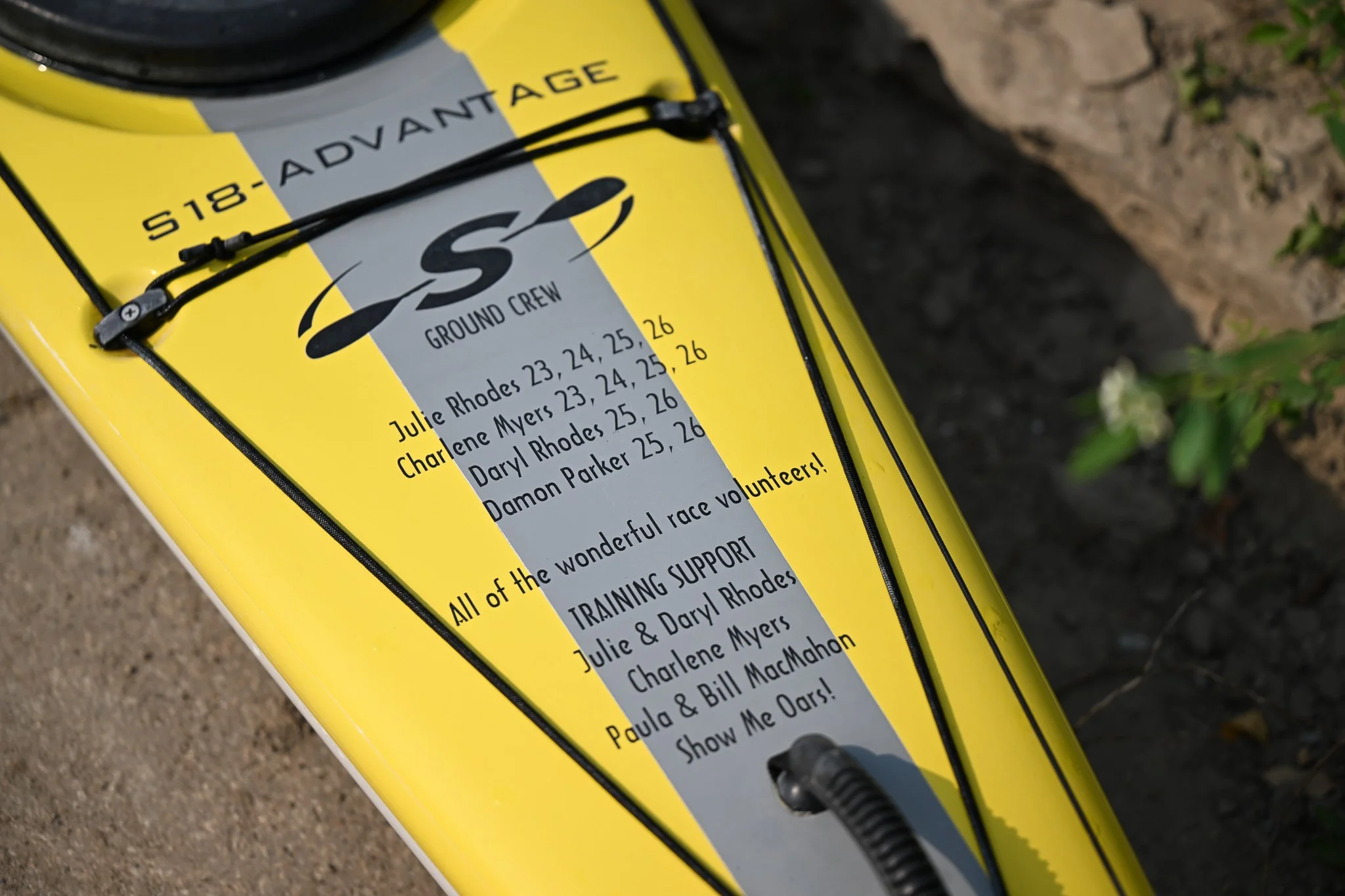 Tom Ryan’s kayak “Papa Tom” displays the names of his ground crew and training support team on Wednesday, July 29, 2026, at Cooper’s Landing in Columbia. “There’s a saying, “do hard things,” so that’s what we are doing,” Ryan, who is from St. Louis, 