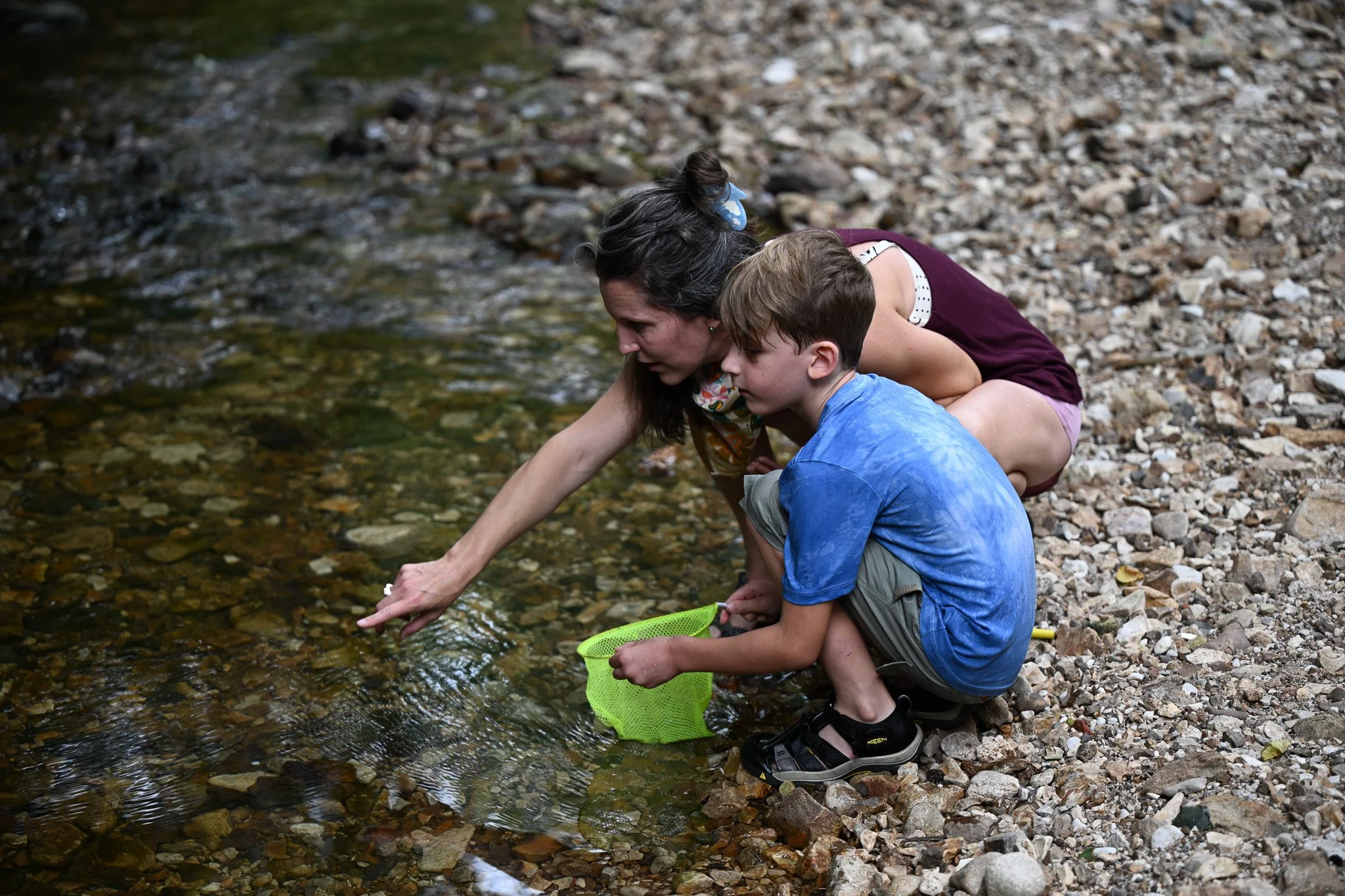 Ali Freeman and her son Lochlan, 8, look for interesting items on Wednesday, June 24, 2026, at Flat Branch Creek in Columbia. Freeman and her son go to the creek often to find interesting items that can be made into art pieces. 