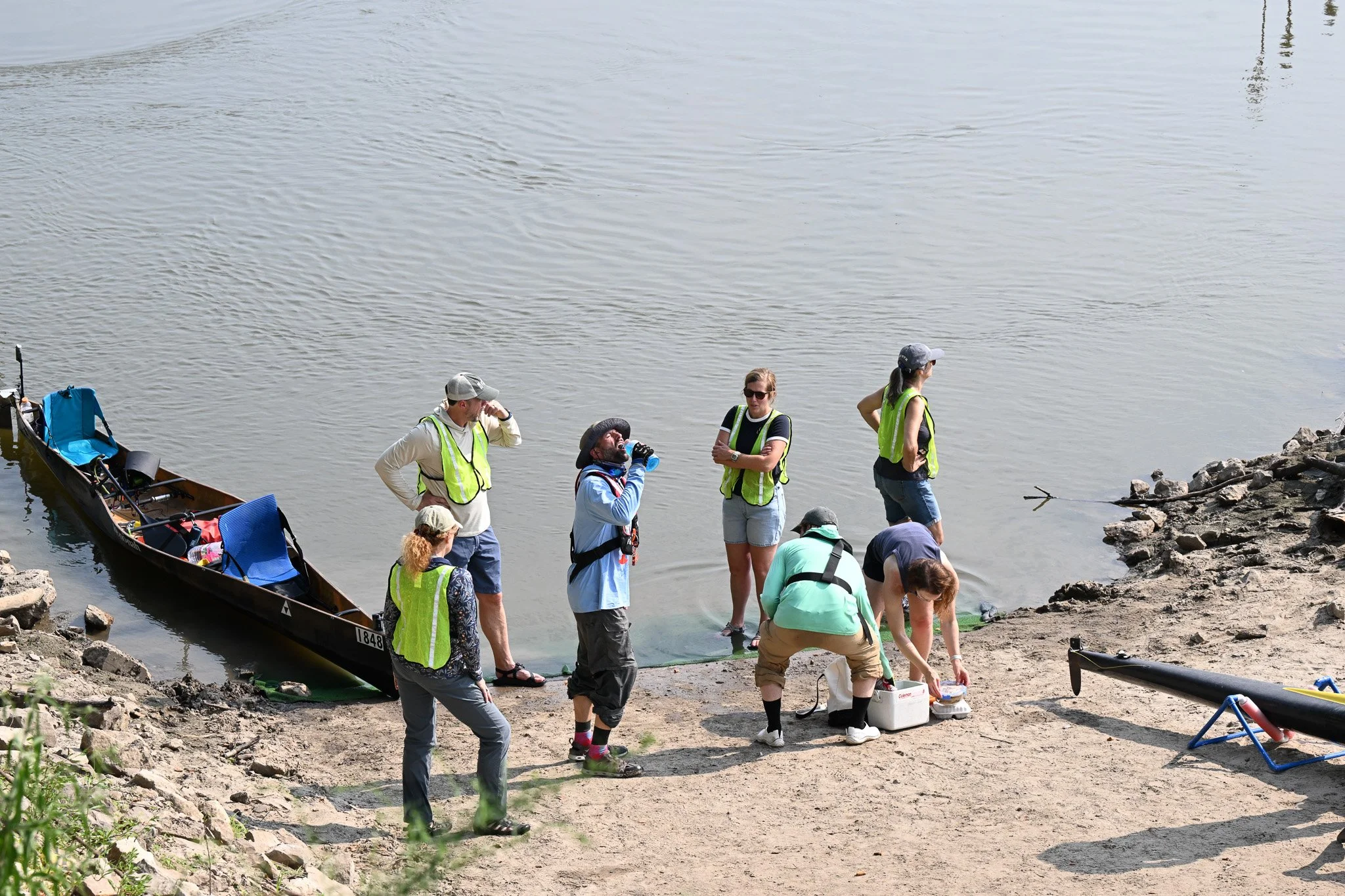 Jay Link of St. Louis takes a drink after disembarking from his canoe during the MR340 on Wednesday, July 29, 2026, at Cooper’s Landing in Columbia. Last year when Link competed, his brother, Matt Link of Columbia, helped on ground crew. “It’s such a