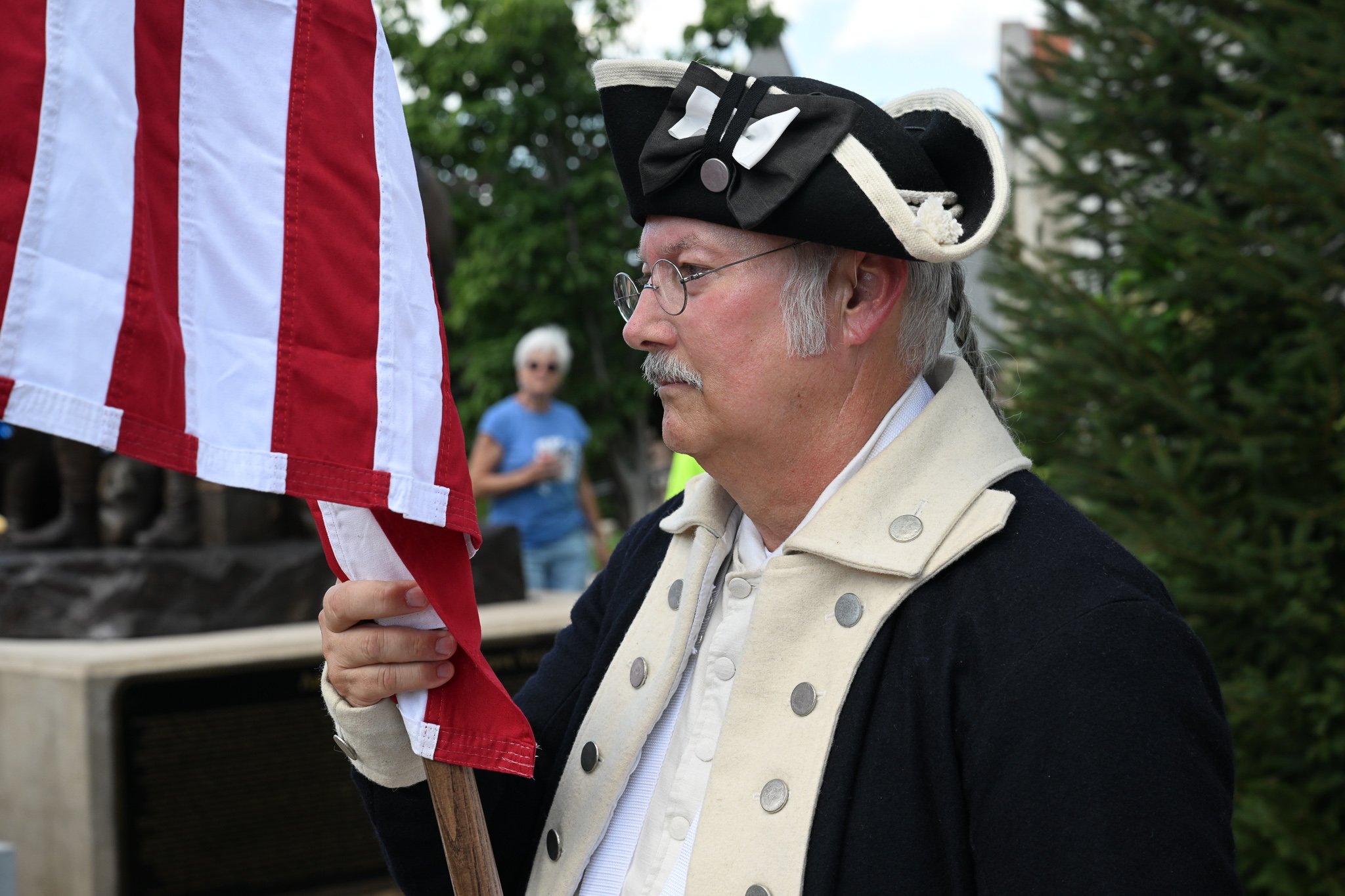 Jim Baker, a member of the Christopher Casey chapter of the American Revolution, stands before the reading of the Declaration of Independence on Monday, July 8, 2026, at Cole County Courthouse in Jefferson City, Missouri. Baker is also a member of th