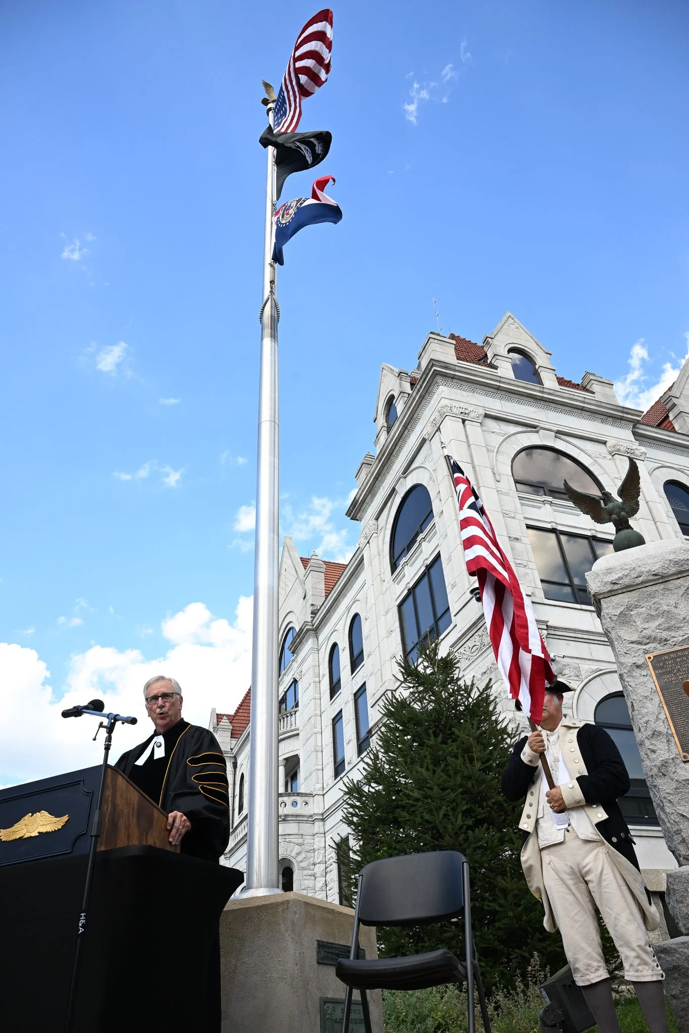 Pastor Greg Morrow reads the Declaration of Independence to the crowd on Monday, July 8, 2026, at Cole County Courthouse in Jefferson City, Missouri. Morrow is the pastor of the Corticelli Baptist Church.