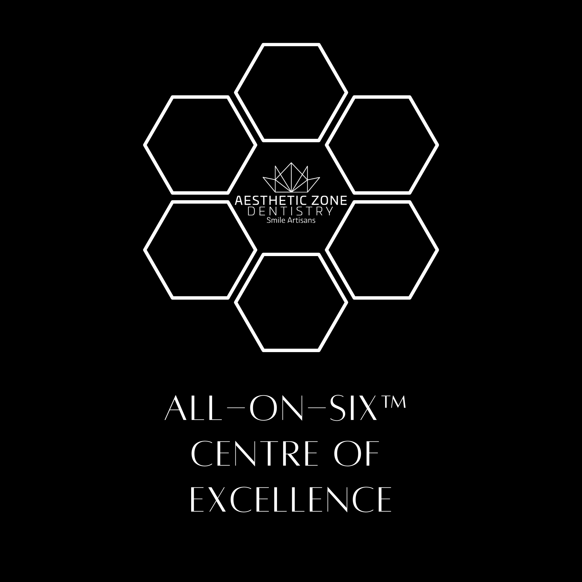 Black background with white hexagon pattern and text promoting Aesthetic Zone Dentistry, emphasizing excellence.