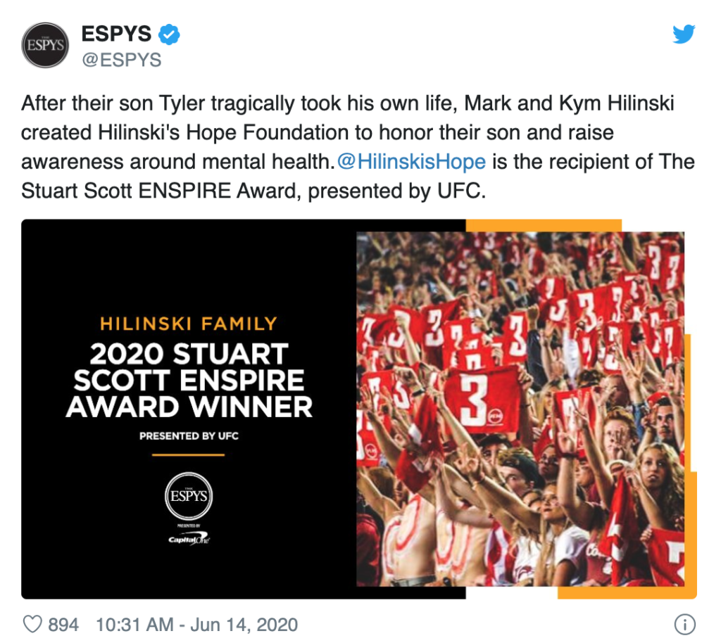 HCA: Hilinski’s Hope Foundation named recipient of Stuart Scott ENSPIRE Award