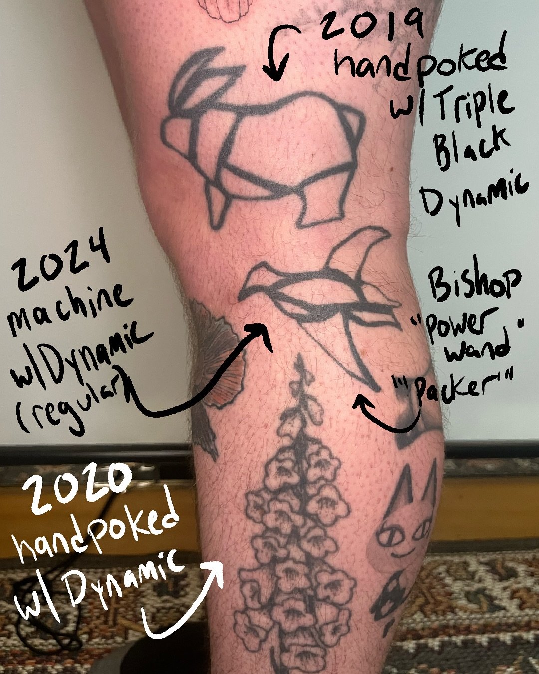 my longest running client relationship , treasured time together since 2018! here&rsquo;s some notes on what each piece was done with.

broadly, i handpoked from 2016-2021 then used machine. i first used a fk irons pen, but they didnt have disposable