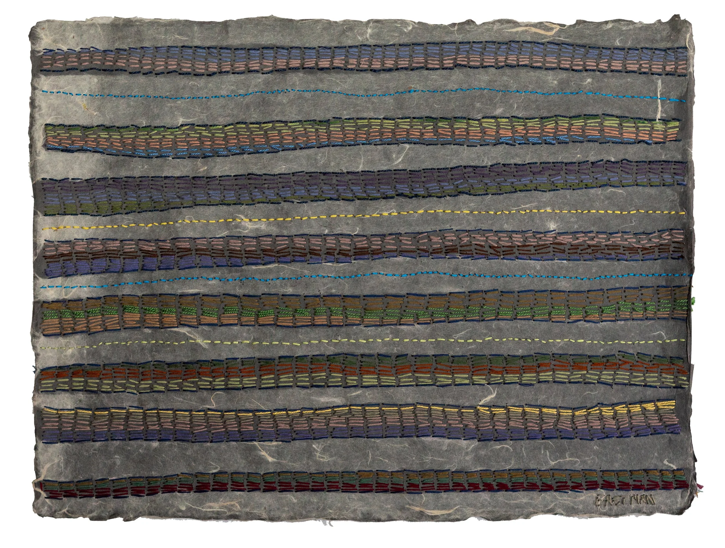 Trail 25W x 18H $450—#1 in a series of thought and meditative rhythm in creating patterns guided by the texture of the paper. Handmade paper and cotton thread