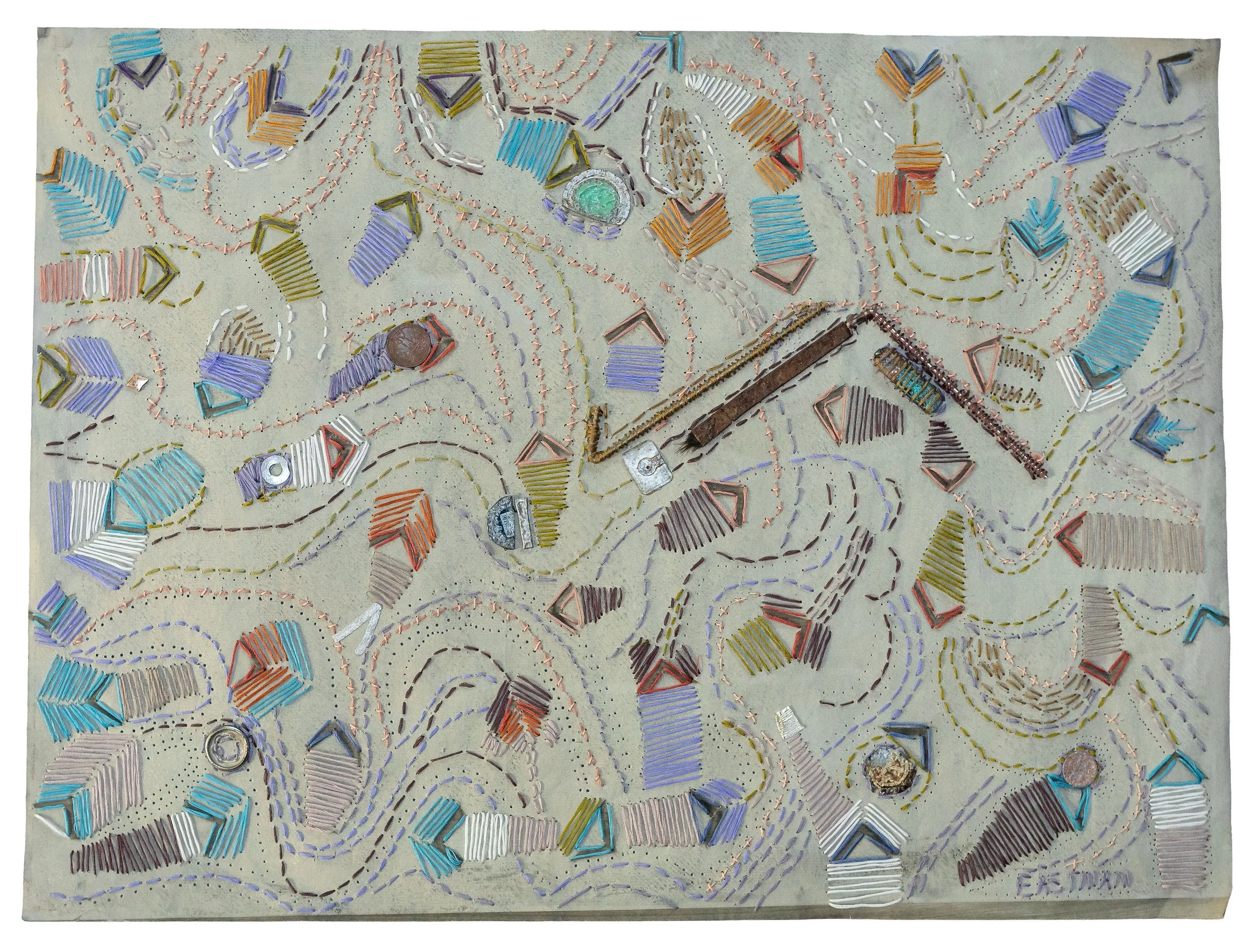 Directions 22W x 19H $400—Handmade paper, metal, and cotton thread. Lost in Oaxaca.

