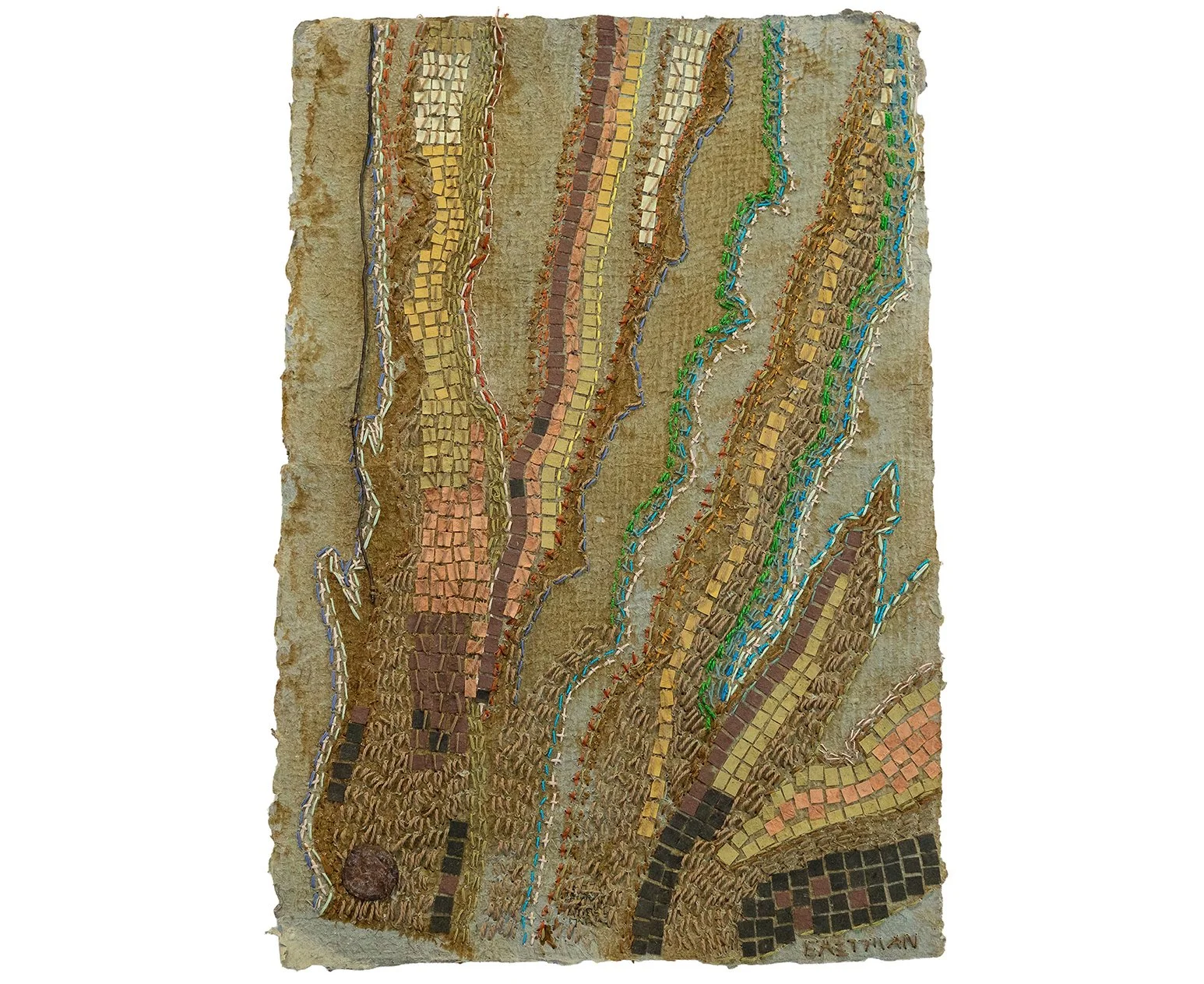 Cacti 16W x 22H $500—Handmade paper and cotton thread. On a trip to Mexico, I found this handmade paper by a local Oaxacan. The paper itself seemed to speak of these arid habitats where succulents act as ecological keystones providing essential food,