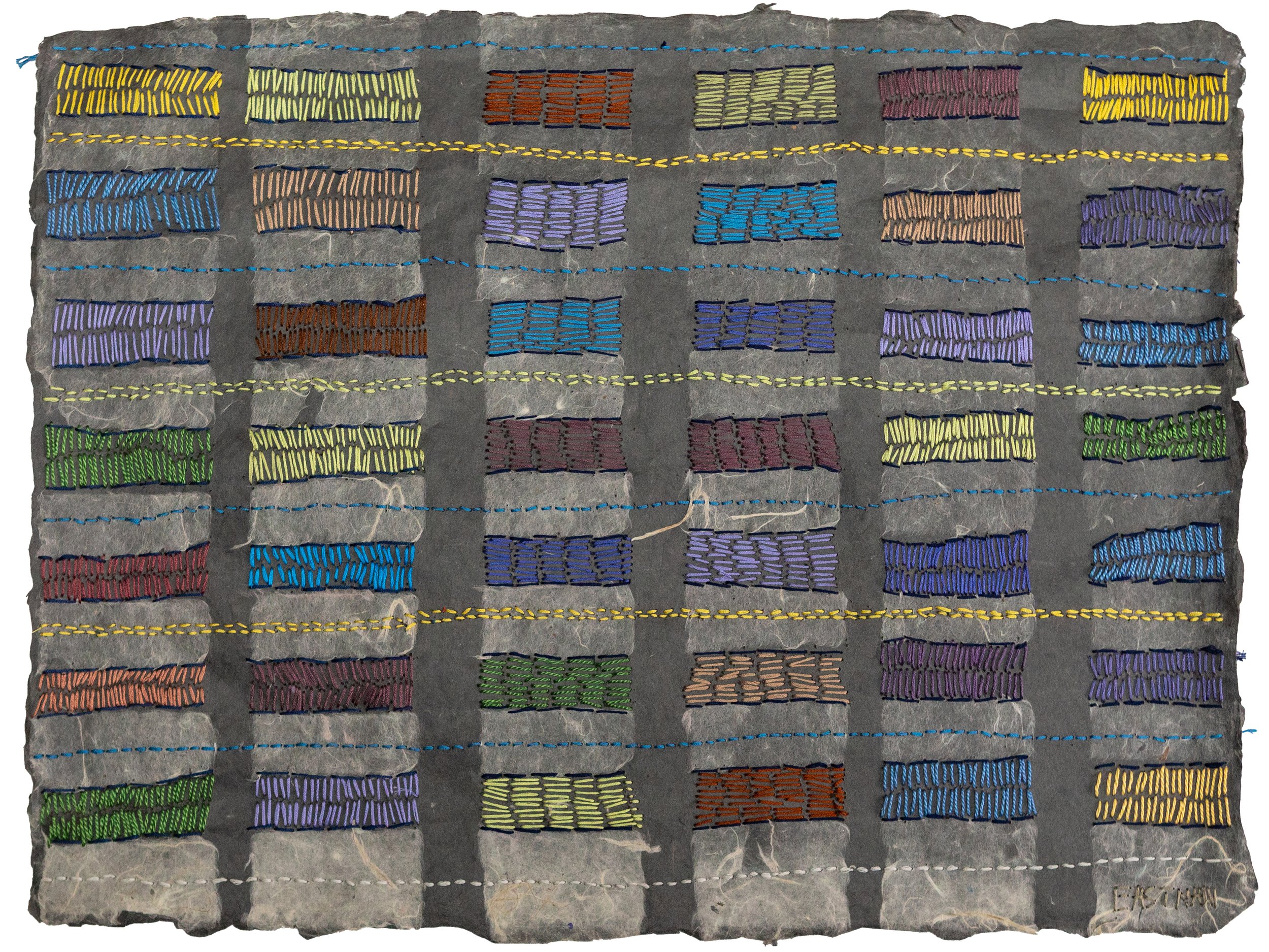Pathways 25W x 18H $450—#2 in a series of thought and meditative rhythm in creating patterns guided by the texture of the paper. Handmade paper and cotton thread