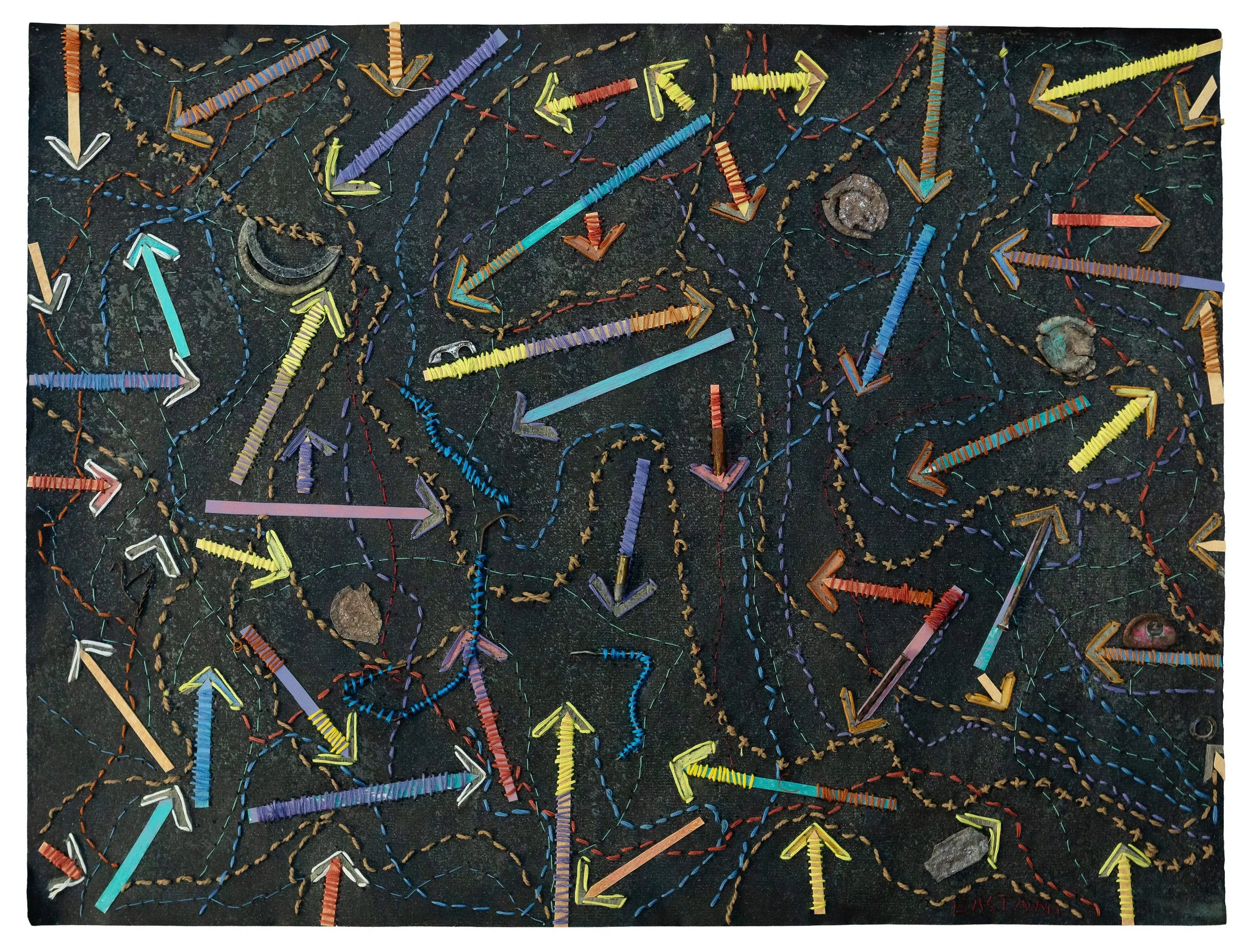 Where To 22W x 19H $400—Handmade paper, metal and cotton thread. My last road trip.