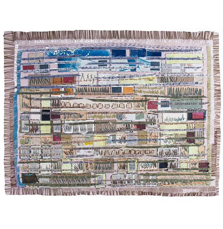 Sand Creek Trail 31"W x 24"H Walnut frame, museum glass $1200—handmade paper, antique book paper and thread
