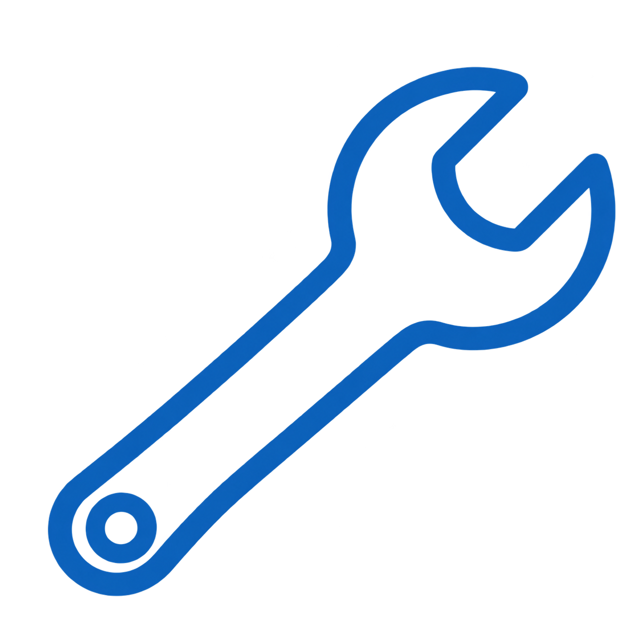 3D illustration of a blue wrench with a gear-shaped handle, representing tools or maintenance.