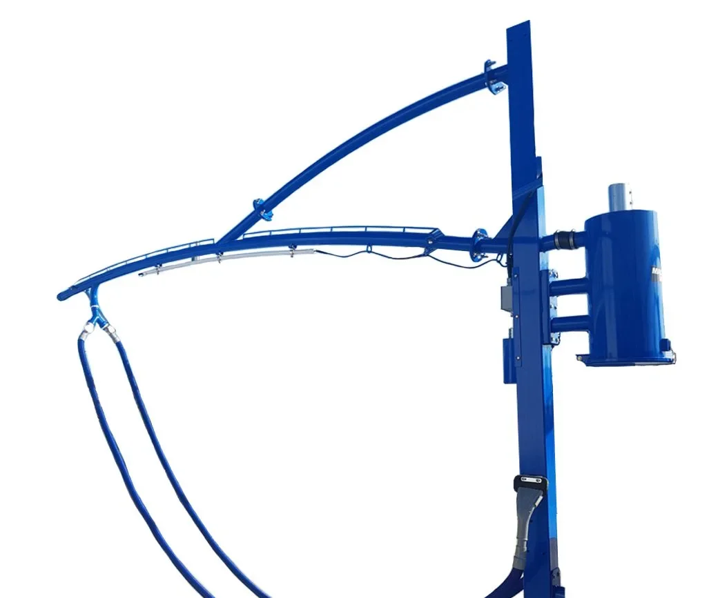 A blue jet engine test stand with supporting structures and hardware.