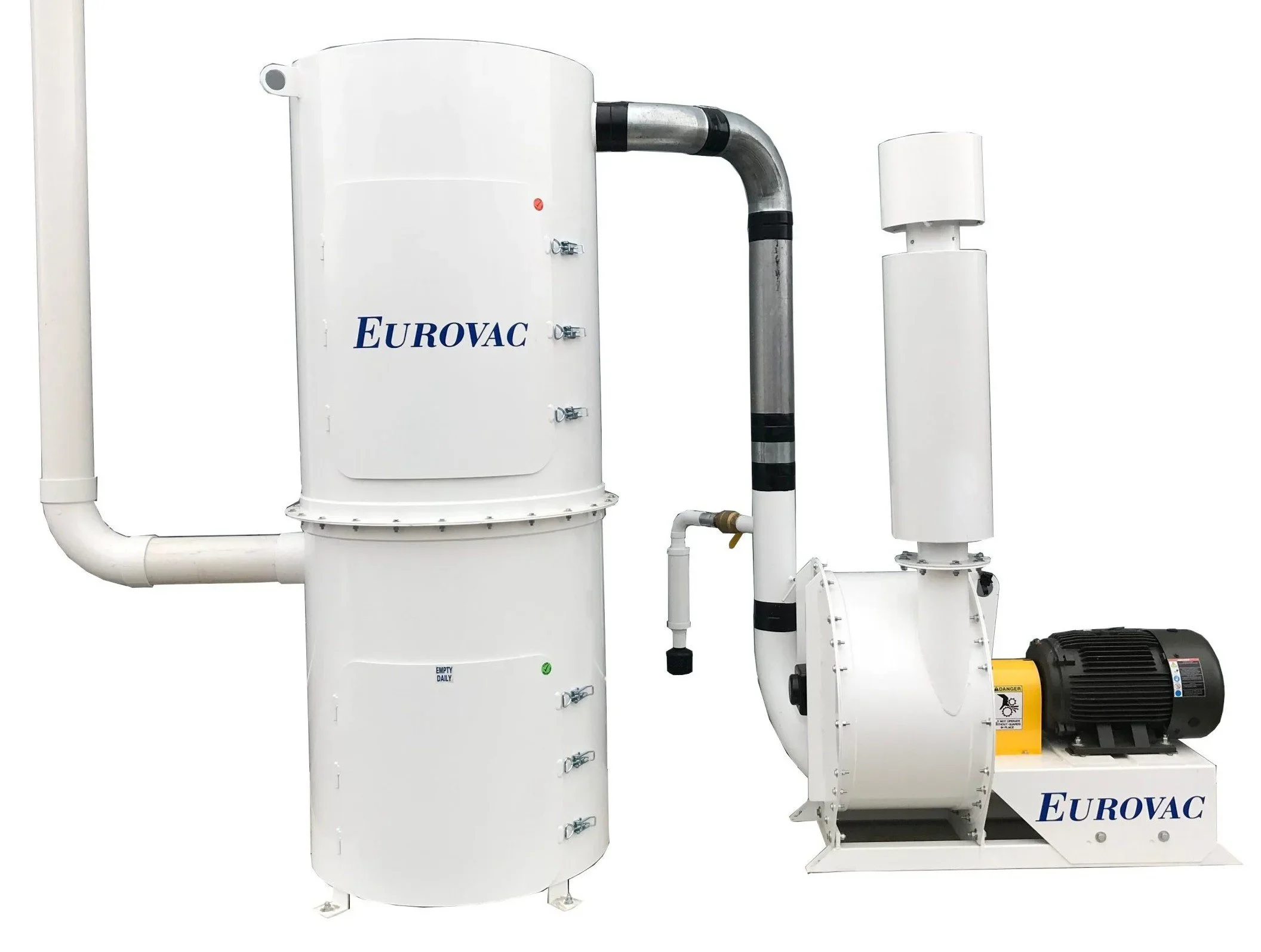 A white industrial machine with the brand name EUROVAC printed on it. The machine features a large pipe connected to the top, some smaller pipes and tubes, and a motor on the right side.