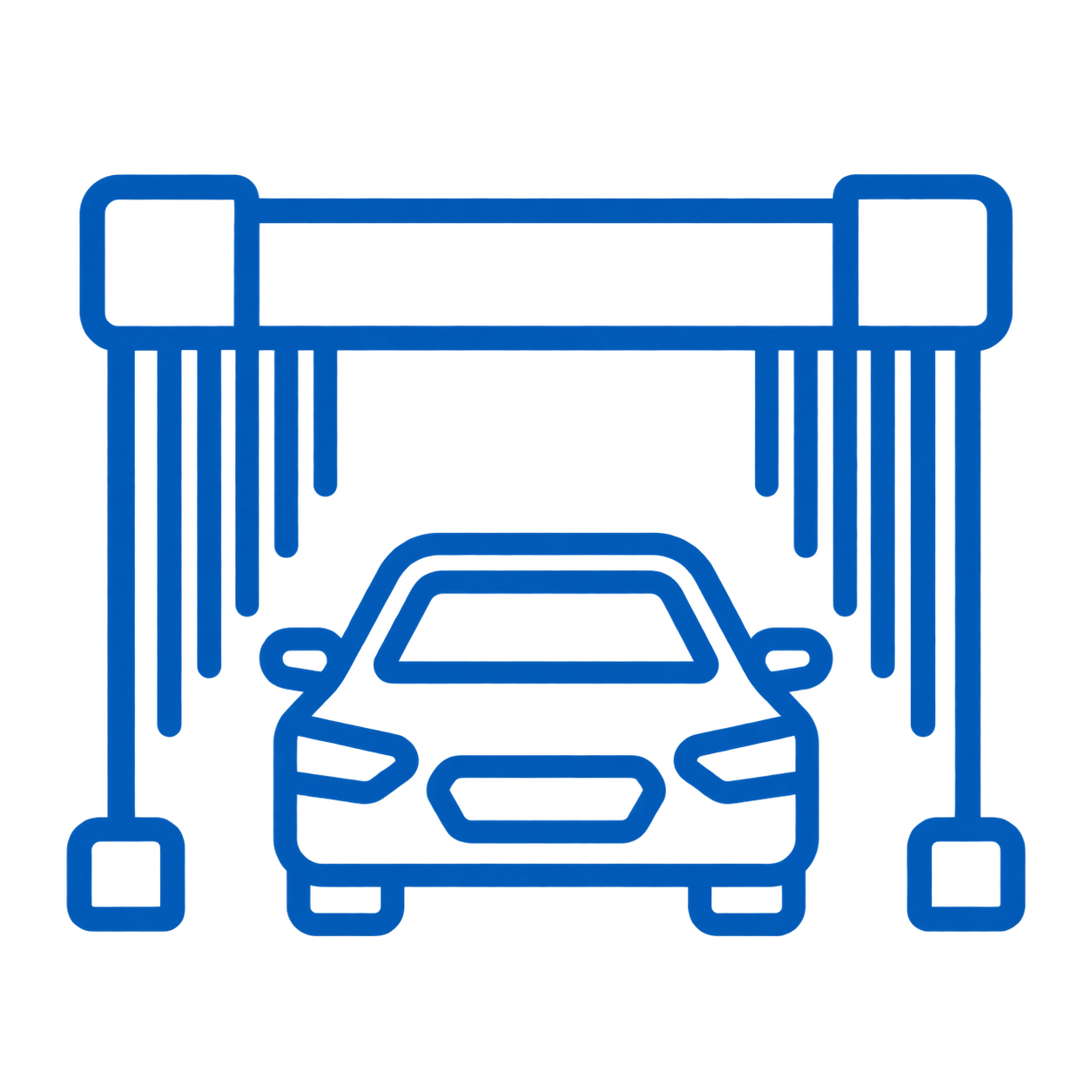 Graphic illustration of an automated car wash with a car under a wash arch.