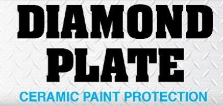 Text reading "Diamond Plate Ceramic Paint Protection" with a metallic textured background.