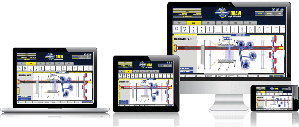Multiple electronic devices displaying a building design or blueprint with pipes and mechanical components, including a laptop, tablet, desktop, and smartphone.