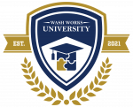 Wash WOrldS University logo with a shield, a graduation cap, and a laurel wreath, established in 2021.