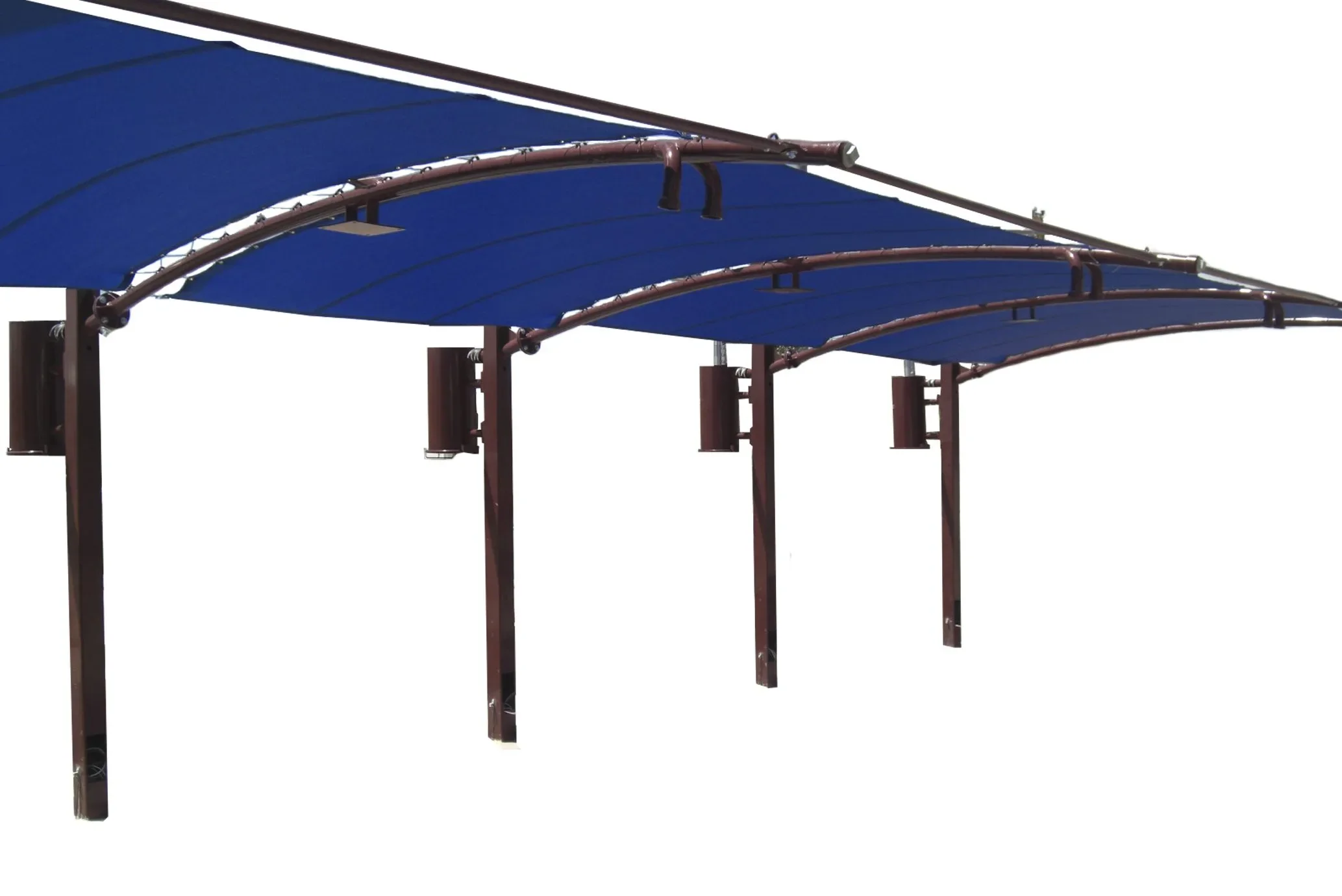 A series of blue fabric awnings supported by dark brown metal frames, extending in a row.