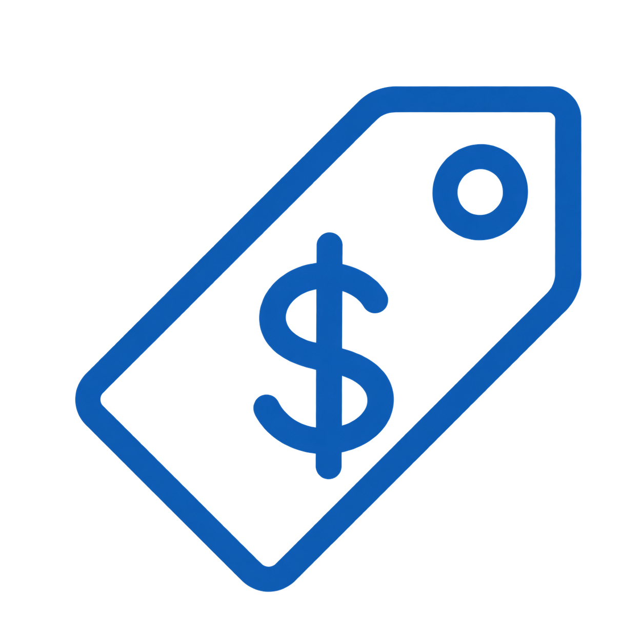 Blue price tag with a dollar sign symbol in the center.