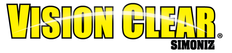 Close-up of the logo for Vision Clear, featuring bold yellow and white text on a black background.