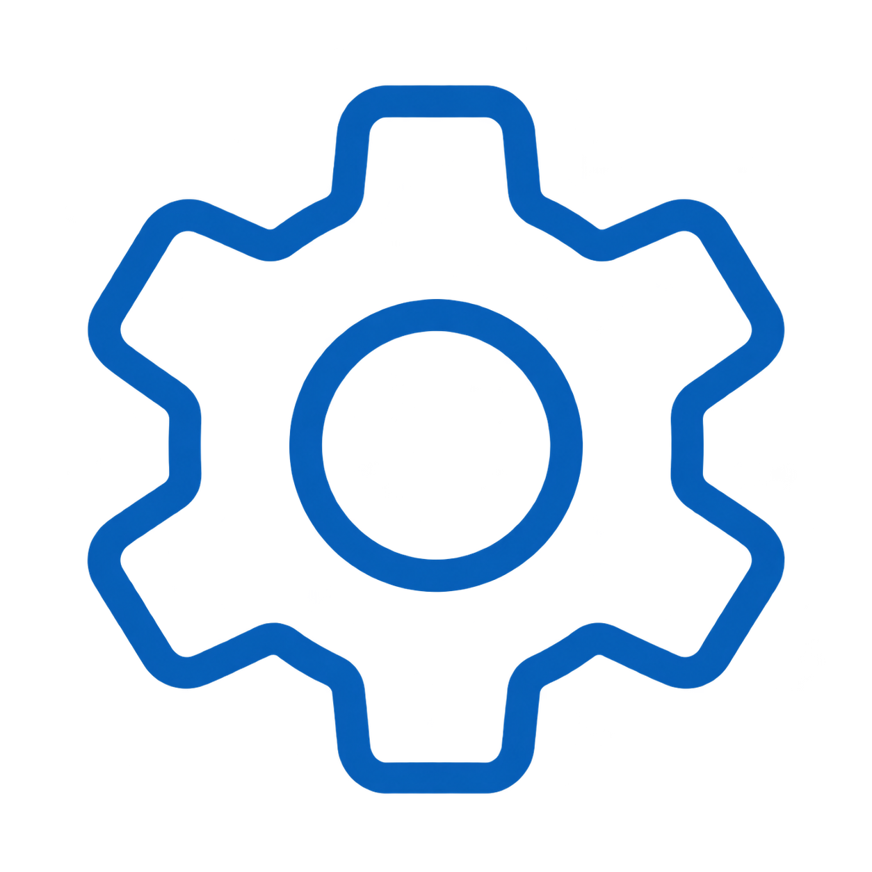 Blue gear icon with a gear-shaped outline and a circular center.