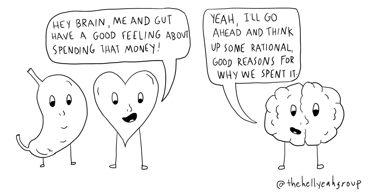 From The Hell Yeah Group, an outline illustration of a gut and heart standing next to a brain. The heart says, “Hey Brain, me and gut have a good feeling about spending that money!” In response, the brain says, “Yeah, I’ll go ahead and think up some