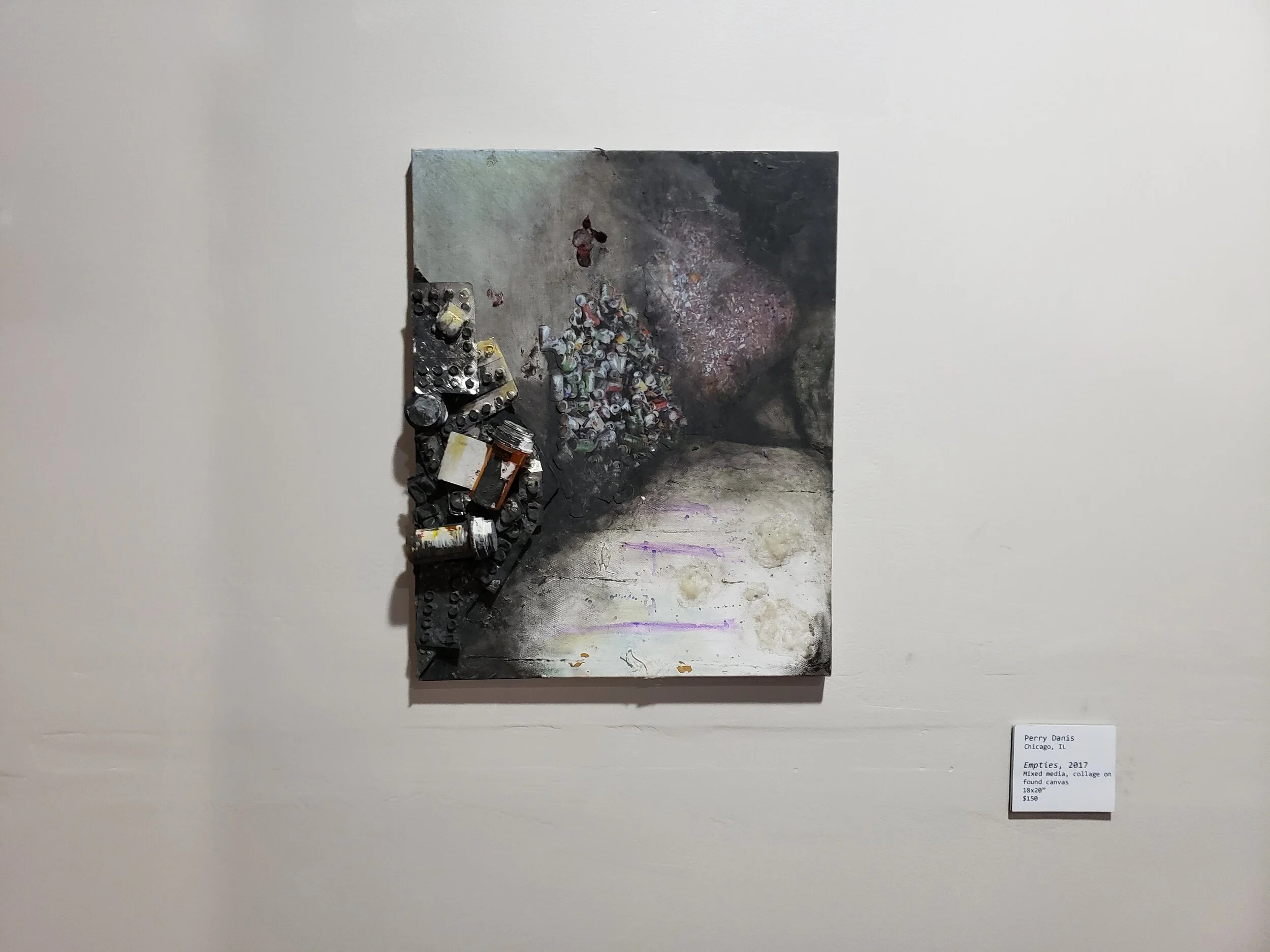 Perry Danis, Chicago, IL, Empties, 2017, Mixed Media, Collage on Found Canvas, 18in x 20in - $150.