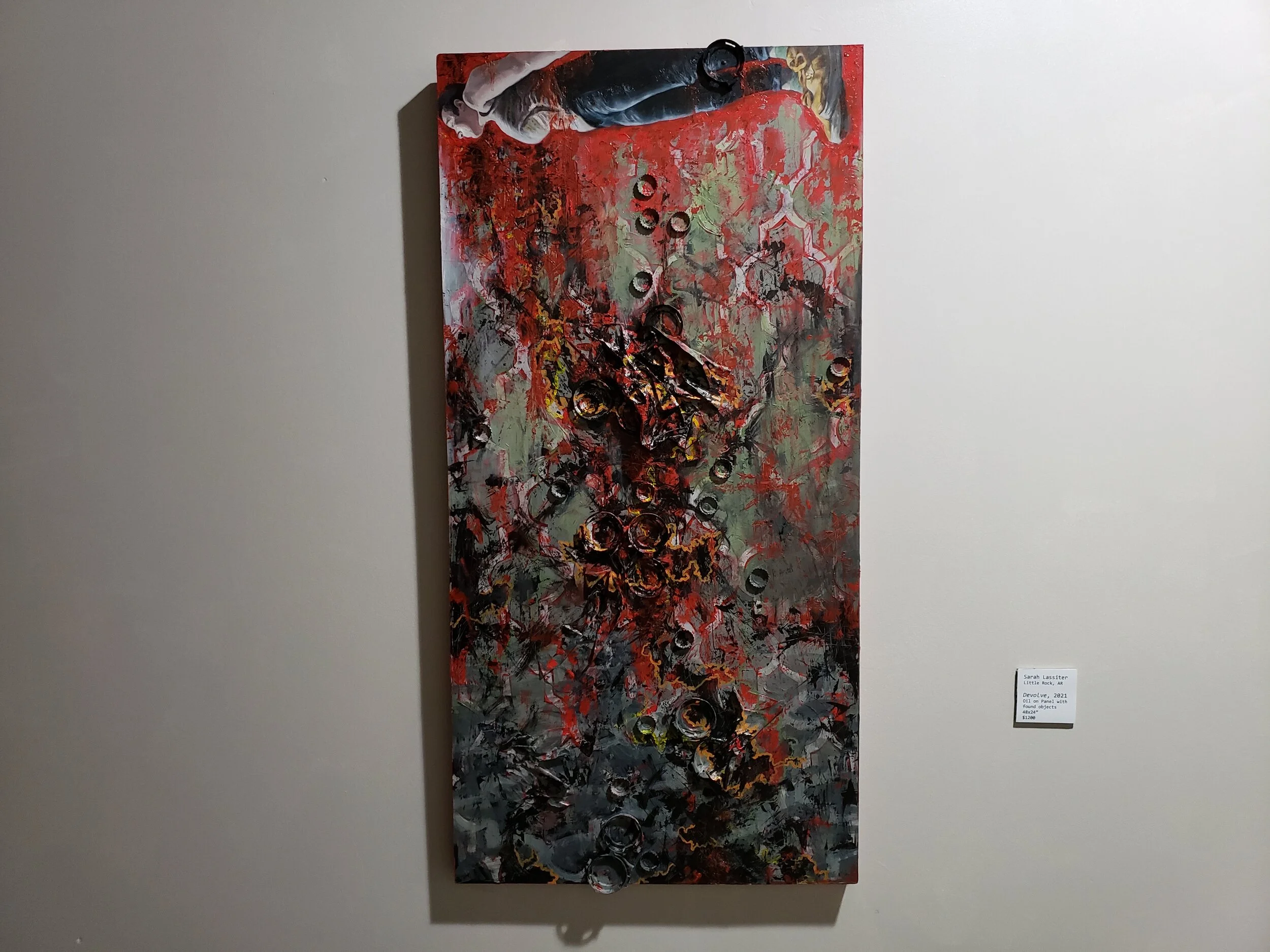 Sarah Lassiter, Little Rock, AR, Devolve, 2021, Oil on Panel with Found Objects, 48in x 24in - $1200.